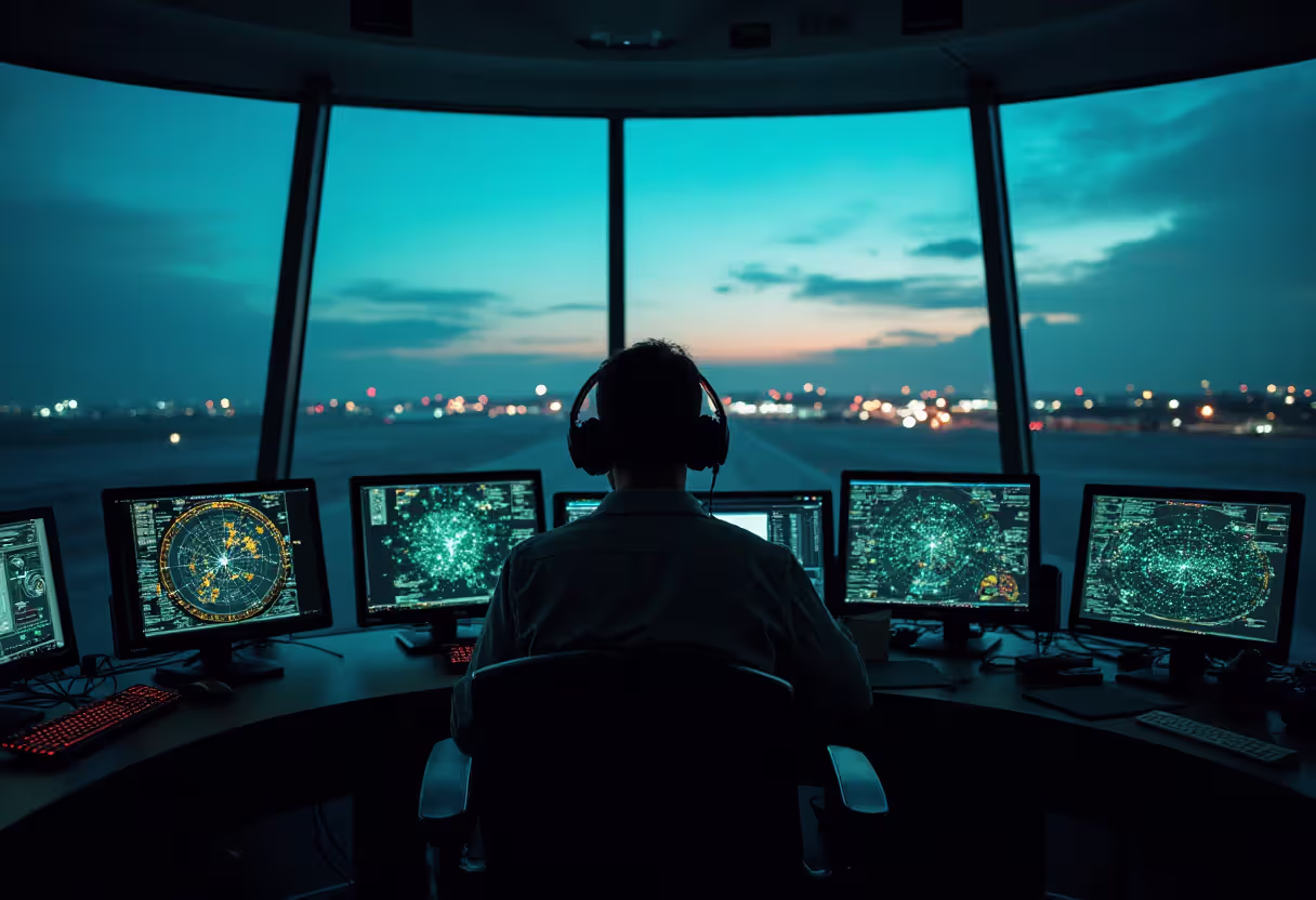 Airport control tower interior with radar screens, air traffic controller wearing headset, and runway visible through panoramic windows at dusk