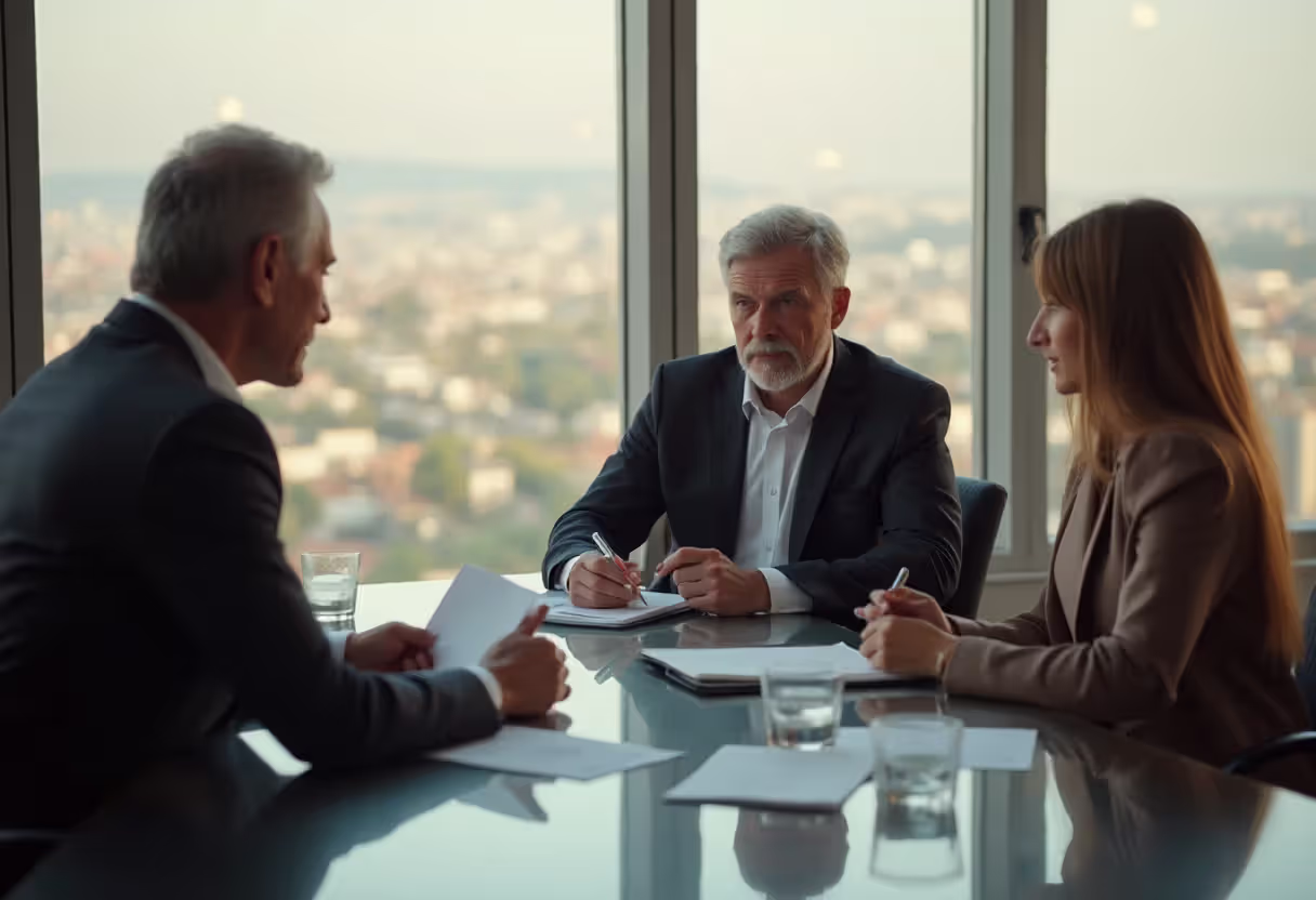 Attorney in business suit meeting with grieving family members at conference table with legal documents in modern office