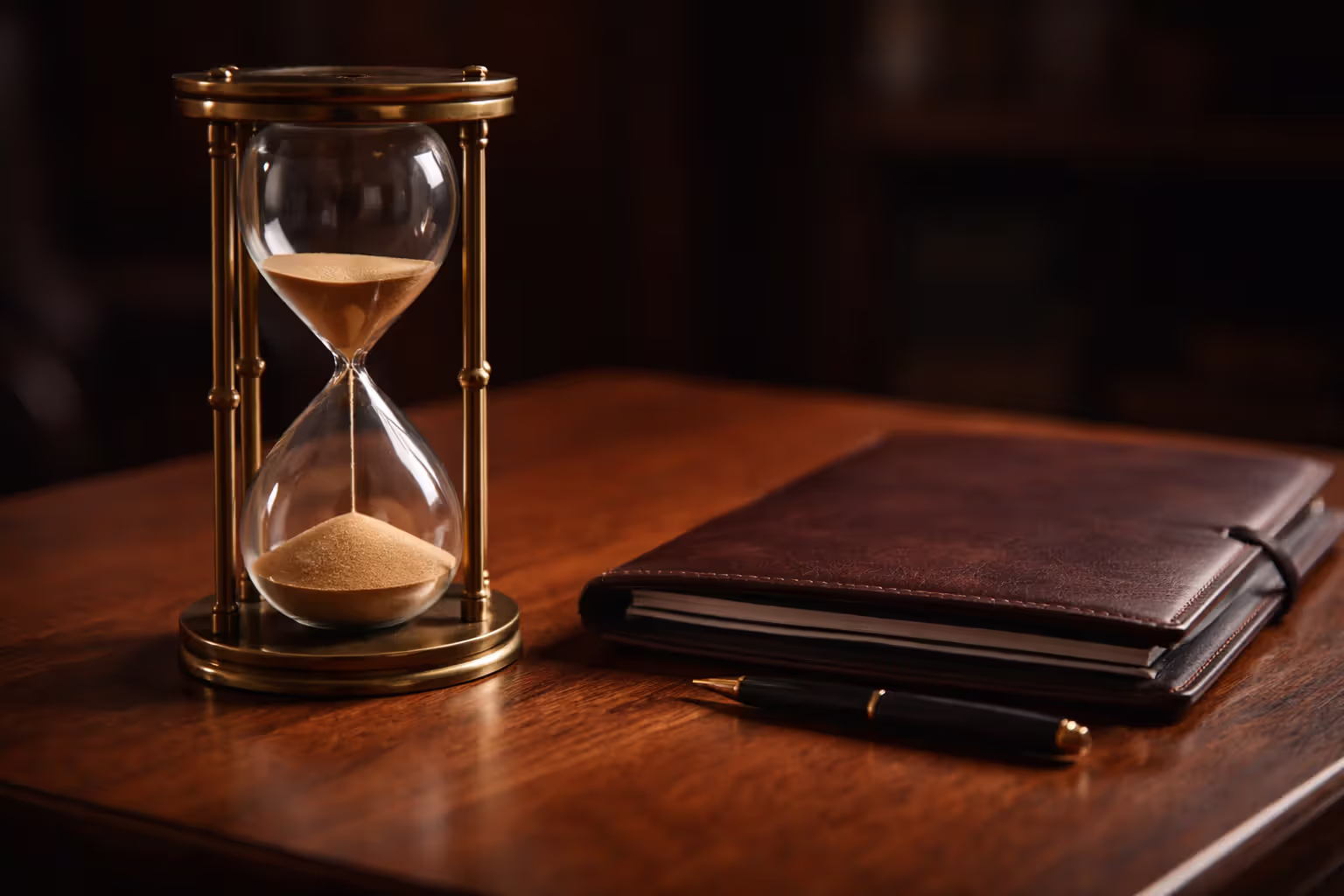 Hourglass with sand nearly run out placed on a wooden desk next to a closed leather document folder
