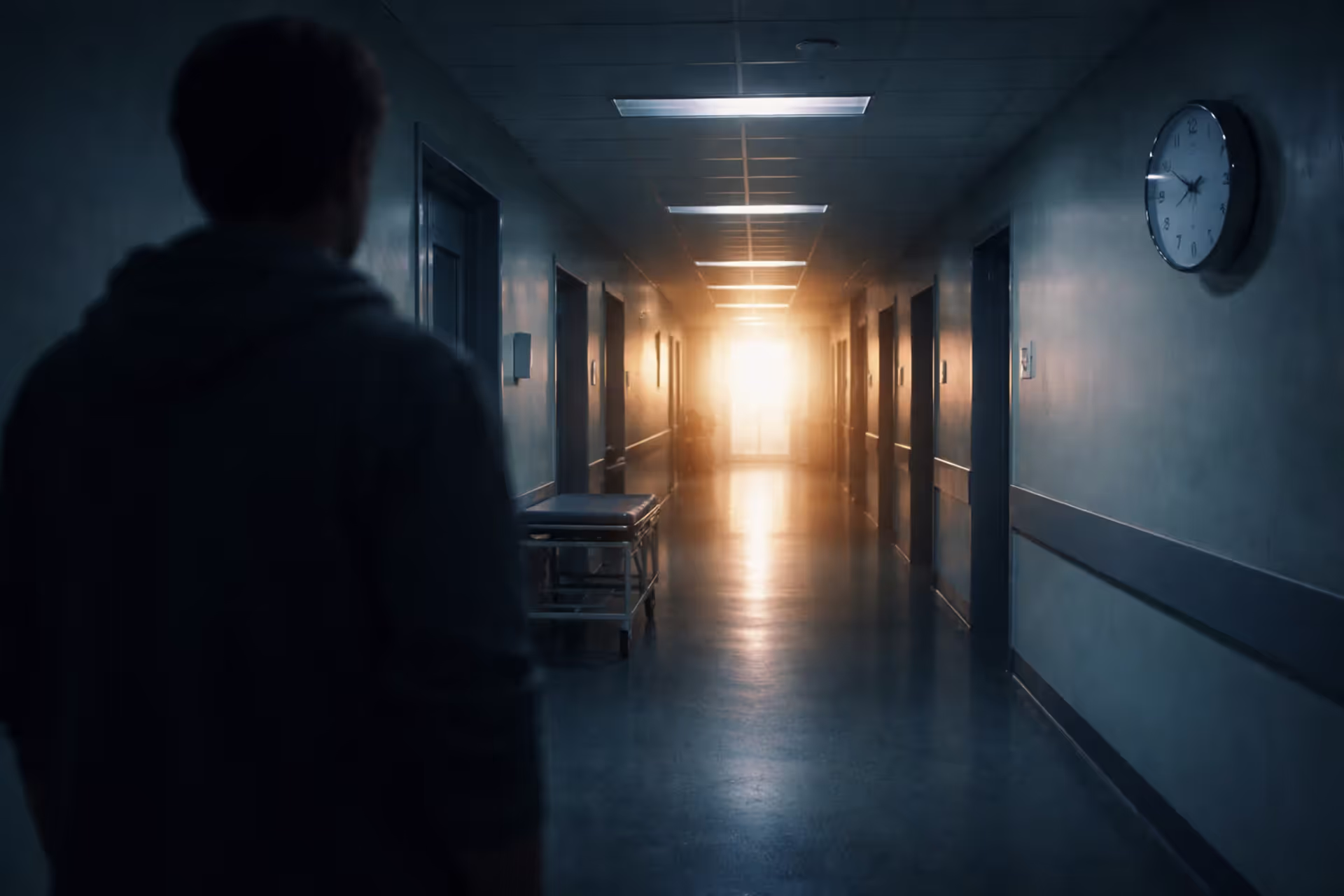 Person standing alone in a dimly lit hospital corridor looking toward bright light at the end of the hallway