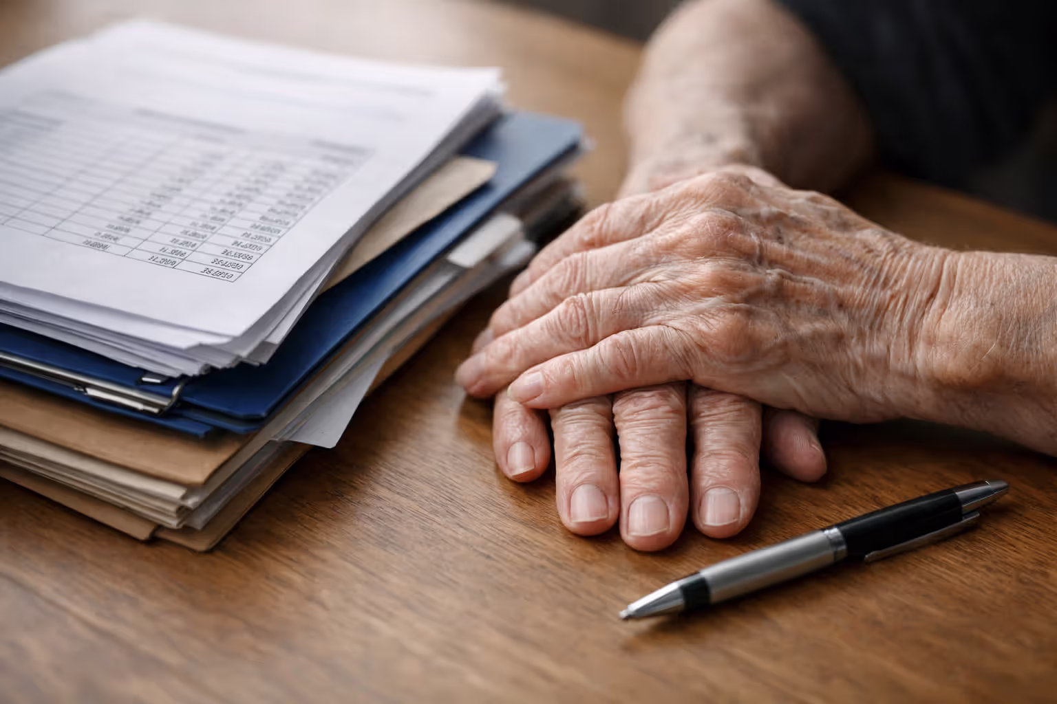 Elderly person hands resting near stack of medical records and legal documents on table