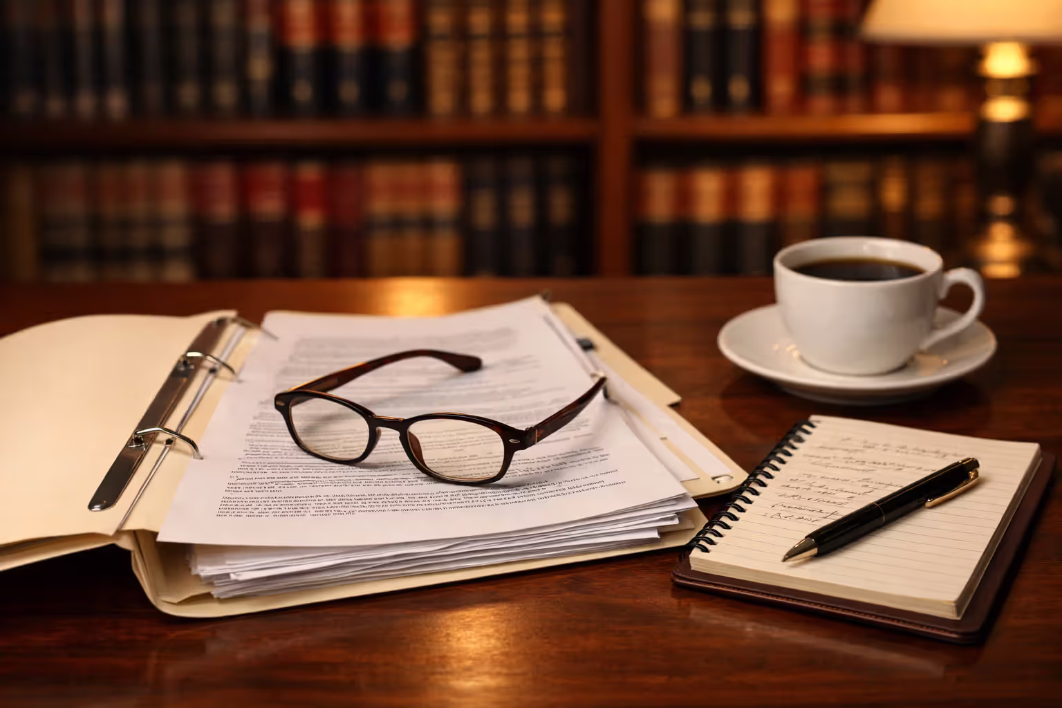 Attorney desk with open case file glasses notepad and legal books in background