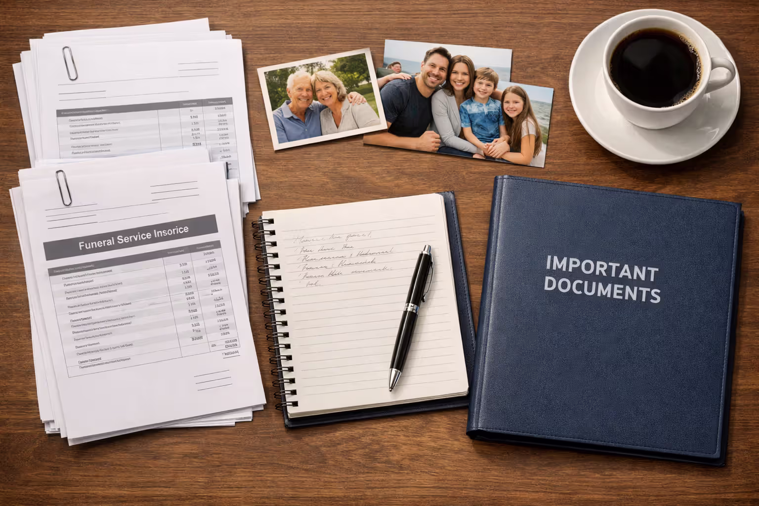 Overhead view of organized desk with medical bills funeral receipts family photographs notebook and legal folder representing wrongful death case documentation