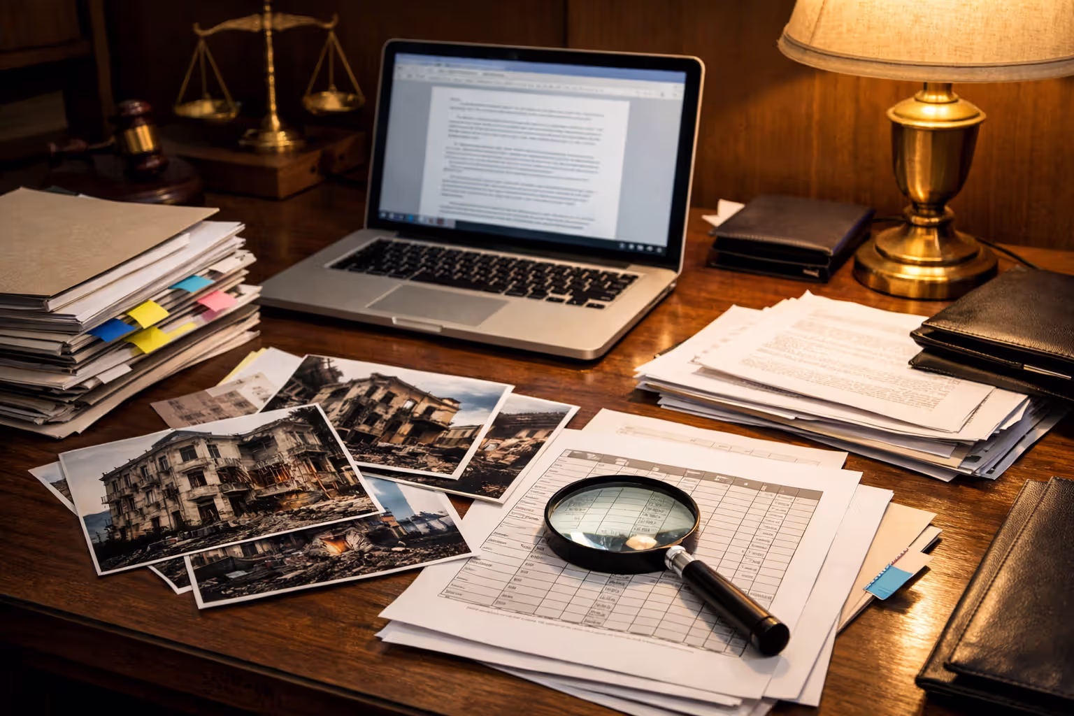 Attorney desk with legal documents, building inspection photos, and evidence folders for a premises liability case