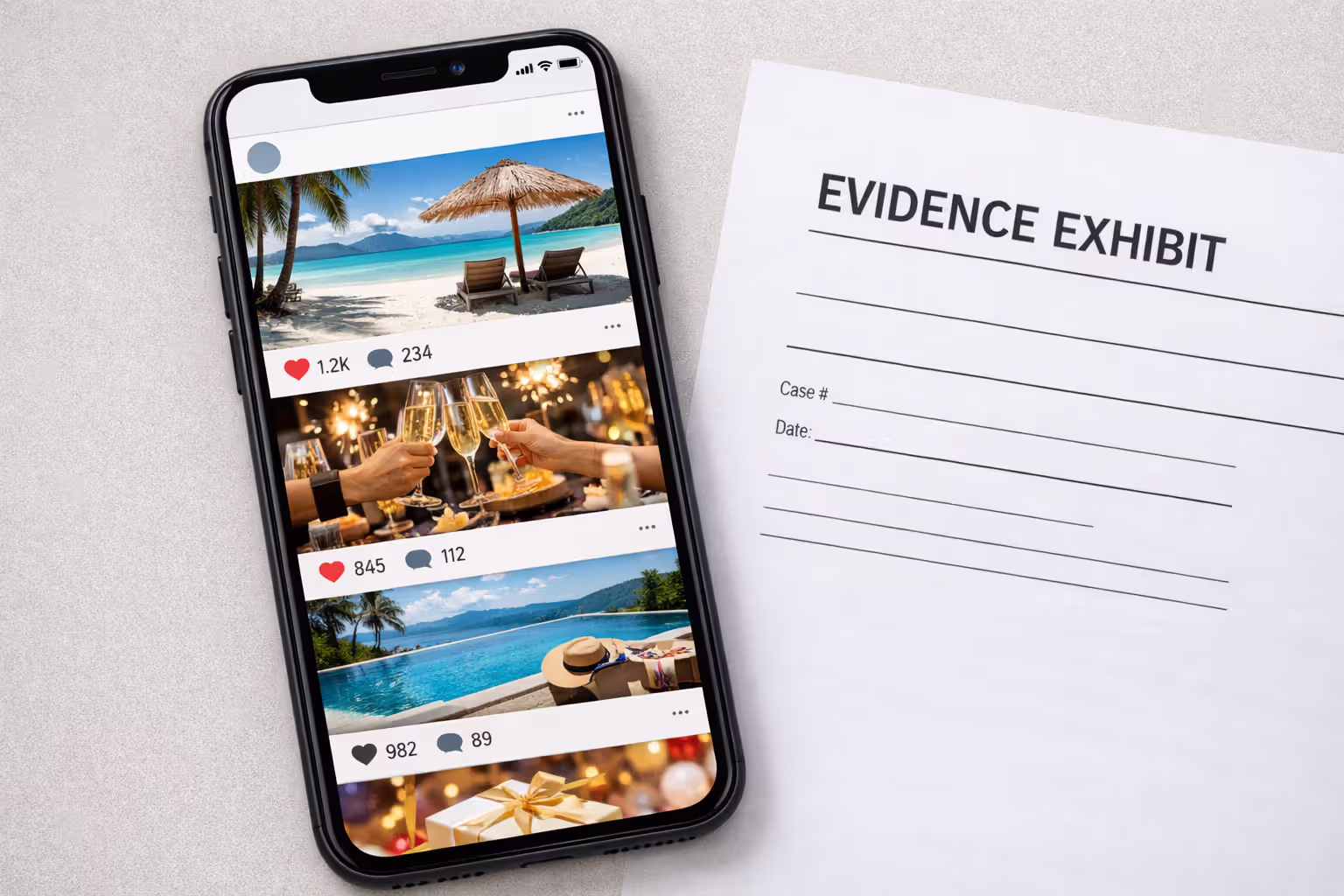 Smartphone showing social media feed next to a legal evidence document on a desk