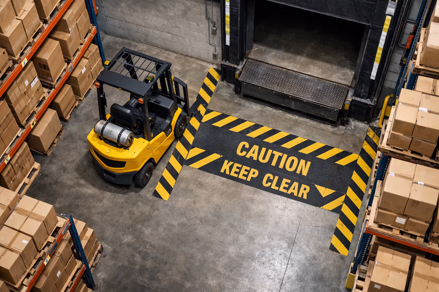 Forklift parked near a loading dock in a warehouse with safety floor markings