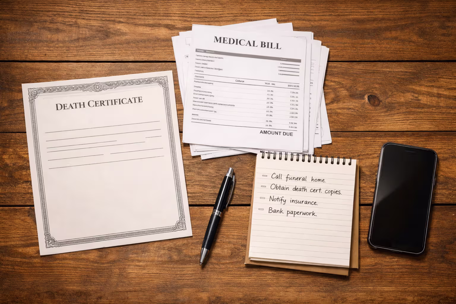 Documents including a death certificate, medical bills, and a notepad arranged on a desk