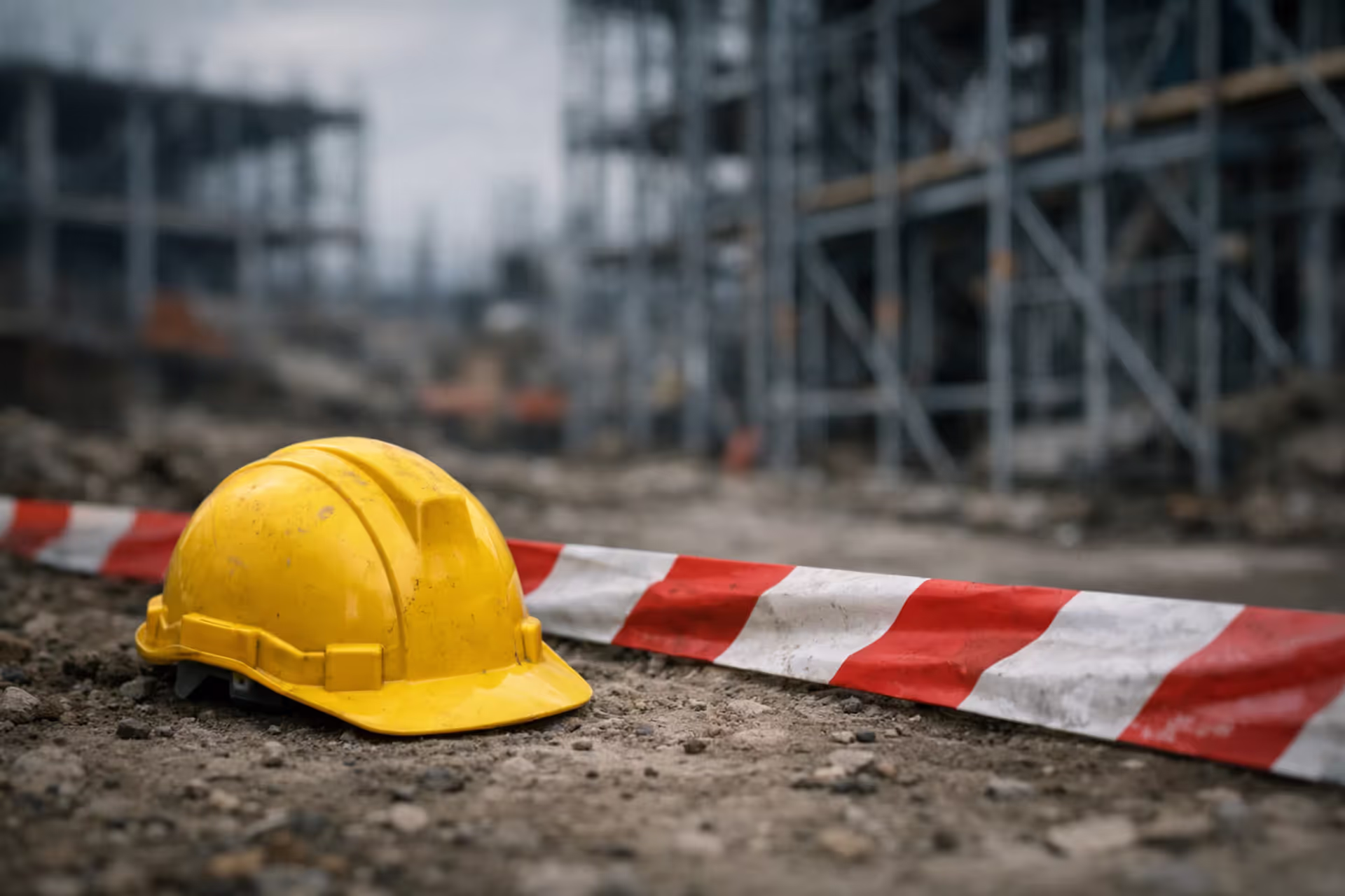 Yellow hard hat lying on the ground near caution tape at a construction site