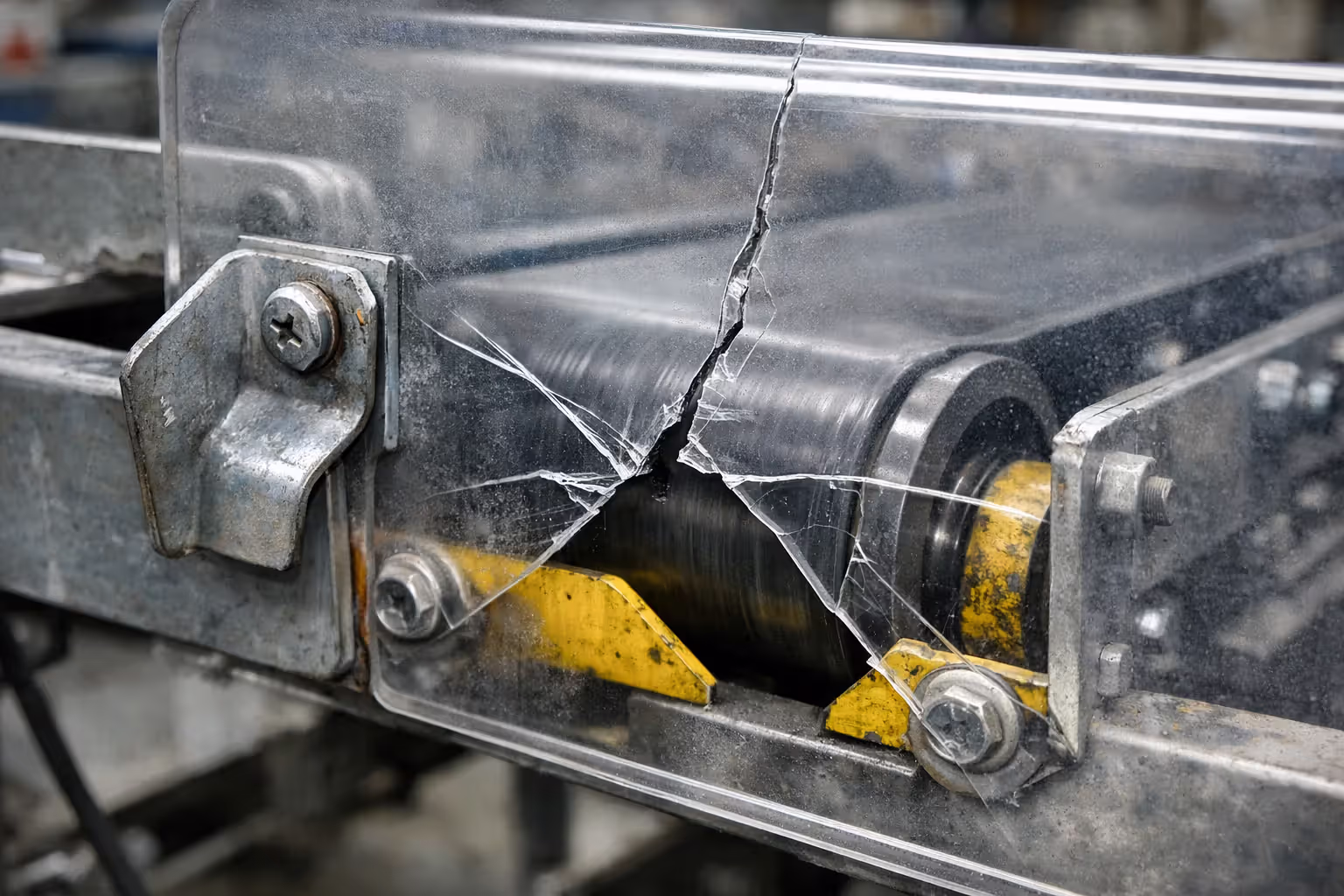Cracked and damaged plastic safety guard on an industrial conveyor belt exposing the pinch point near a roller