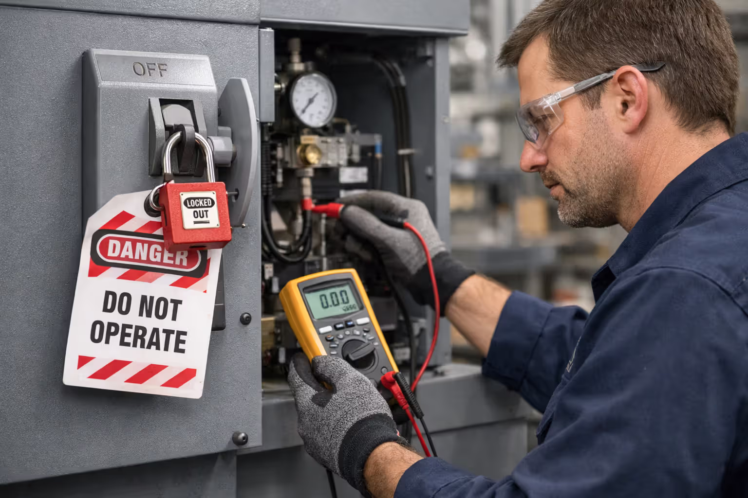 Worker verifying zero-energy state of locked-out industrial machine with a multimeter and red lockout padlock with danger tag attached