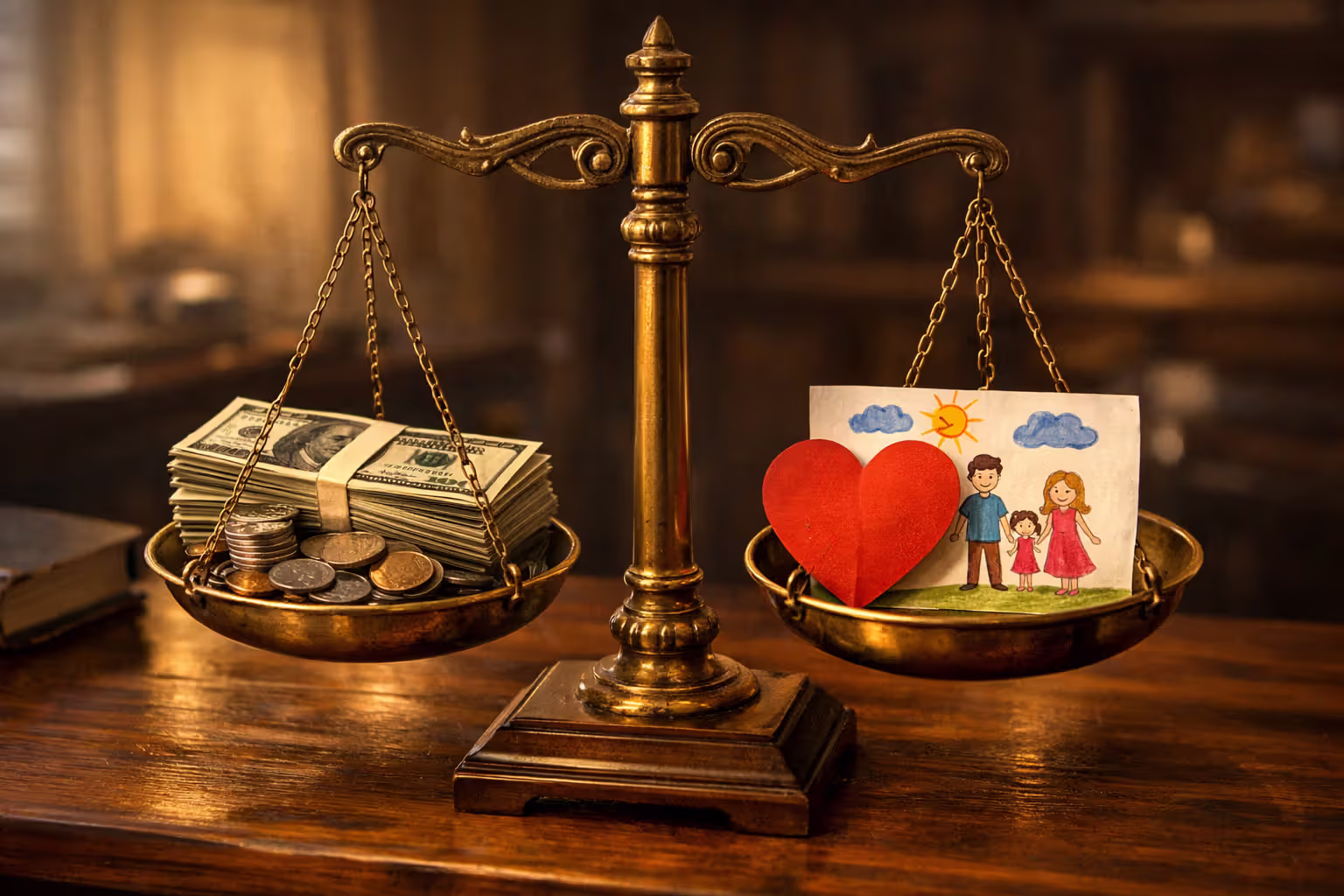 Justice scales balancing stack of money on one side and paper heart with family drawing on the other representing economic and non-economic damages