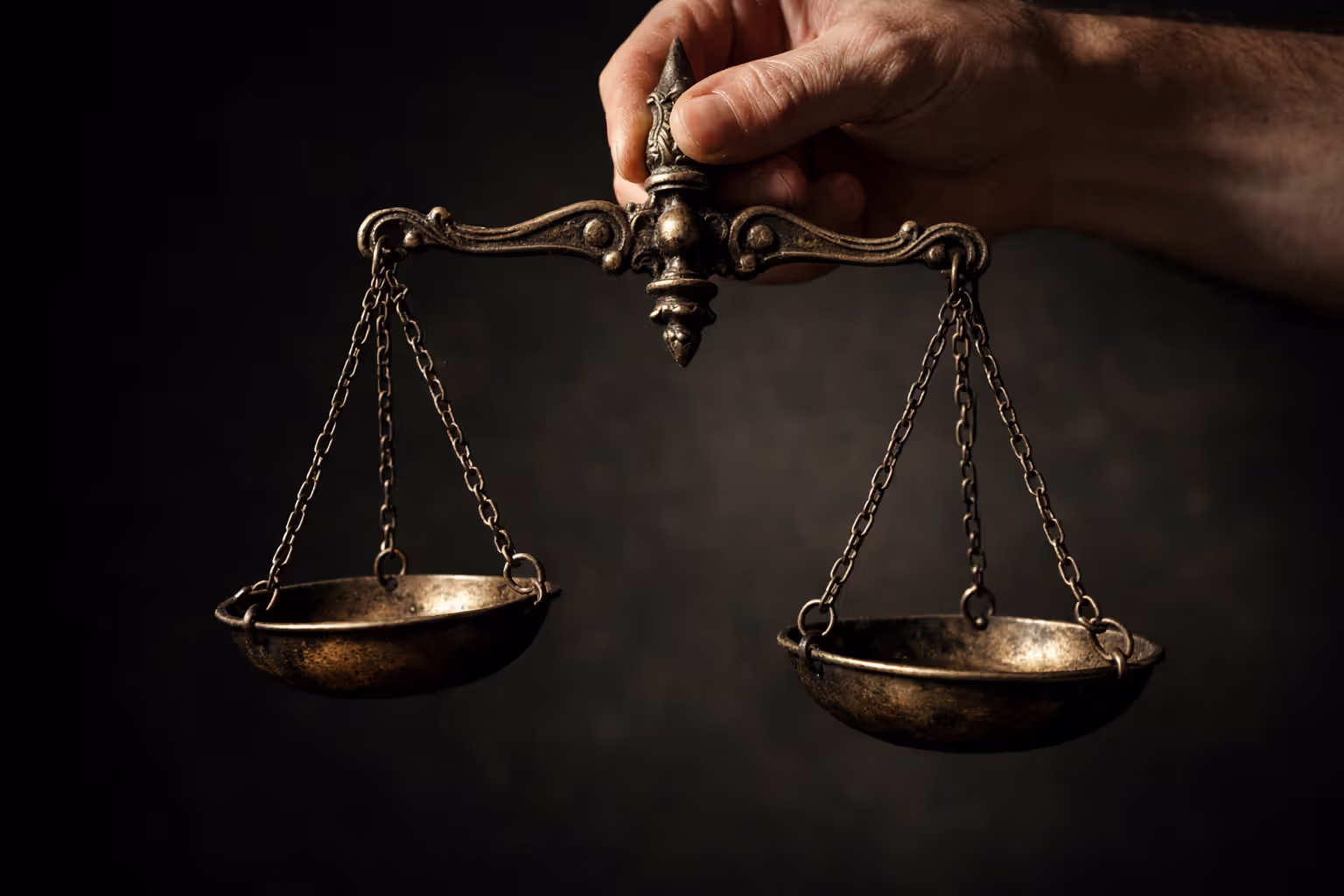 Close-up of a hand holding balanced scales of justice with one side slightly tipping down, dramatic side lighting on dark background
