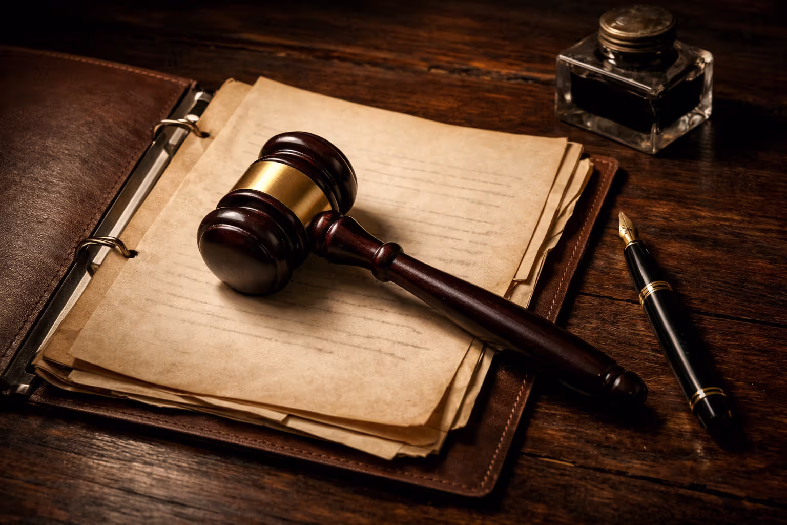 Open legal folder with court documents and a judge gavel on dark wooden desk, fountain pen and inkwell nearby, warm side lighting