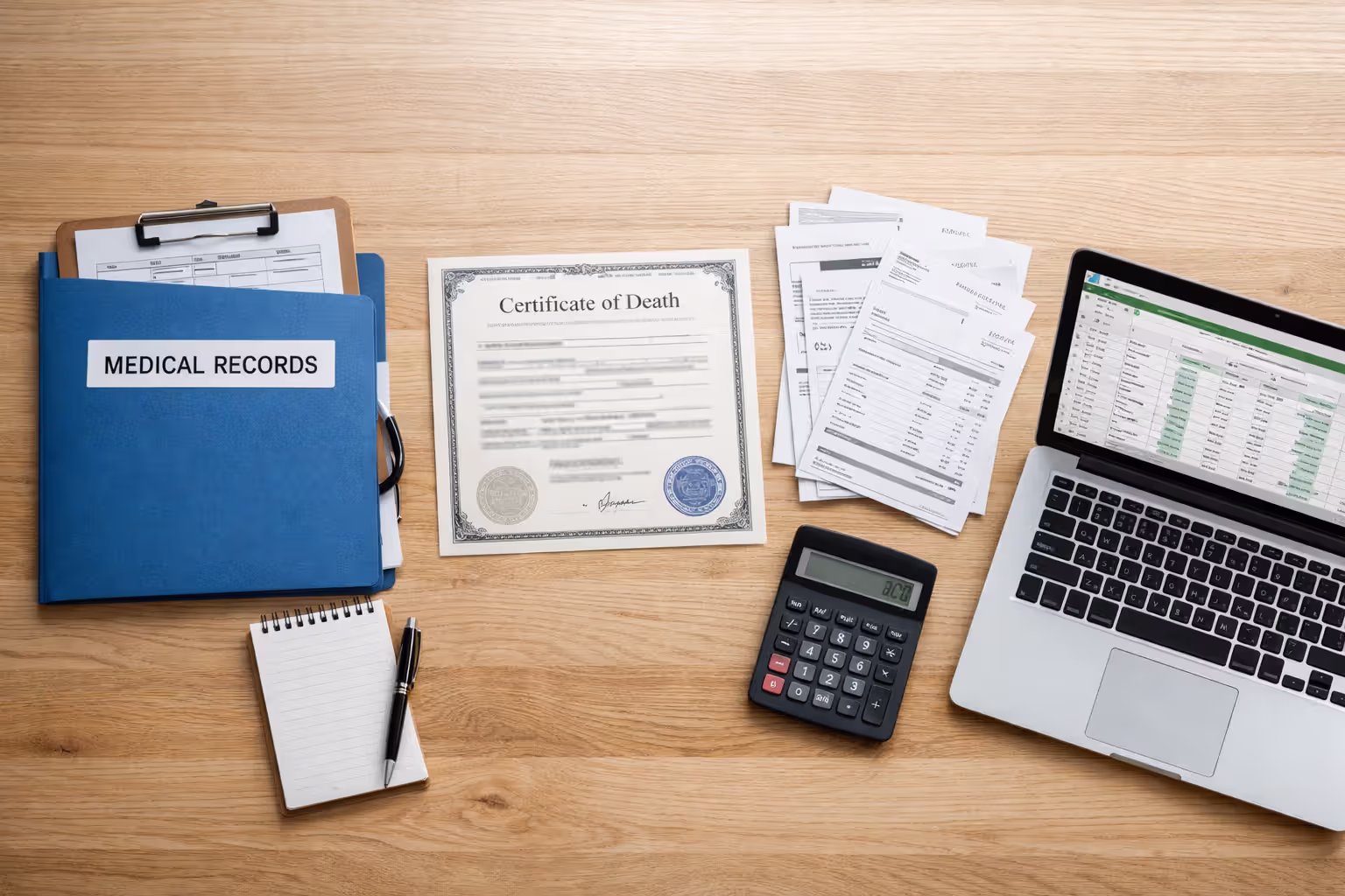 Top view of desk with medical records death certificate bills calculator and laptop showing evidence documentation for wrongful death case