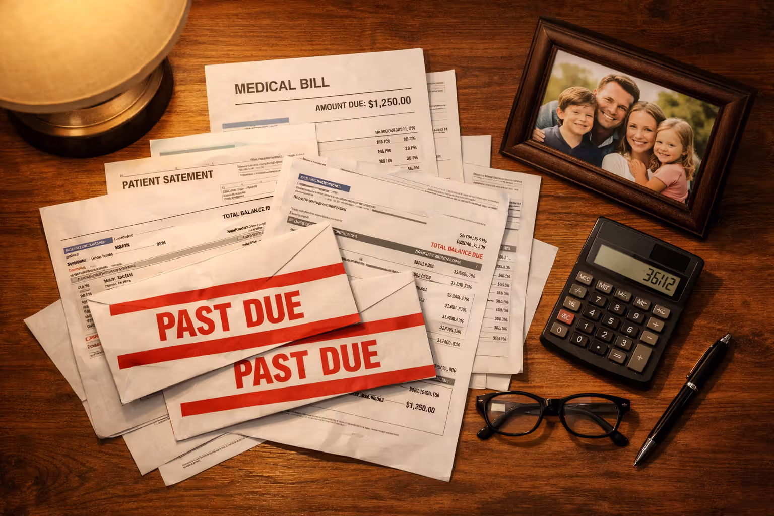 Medical bills and past due notices spread on a desk next to a framed family photo and a calculator