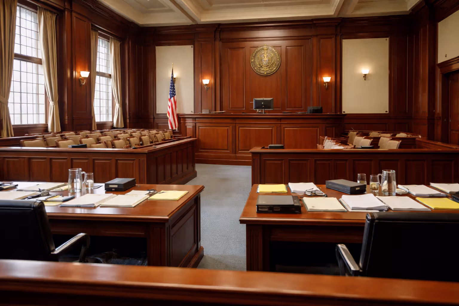 Empty courtroom interior with jury box, judge bench, and attorney tables with legal documents — wrongful death trial proceedings setting