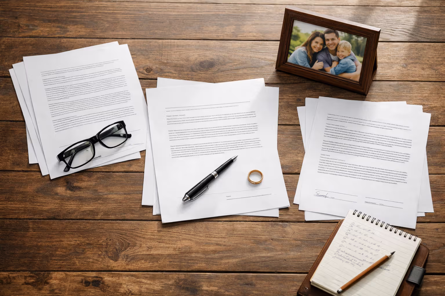 Legal documents, family photo, wedding ring and notebook on wooden desk symbolizing wrongful death claim eligibility