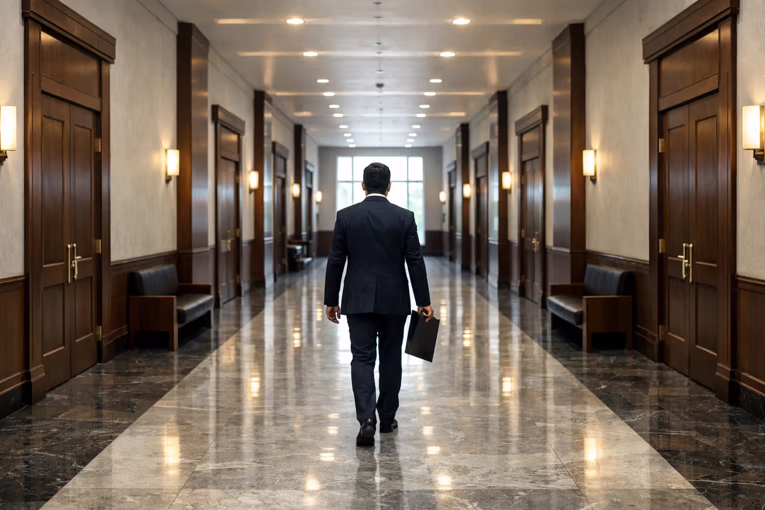 Person in business suit walking through courthouse corridor holding legal documents, representing the wrongful death litigation process