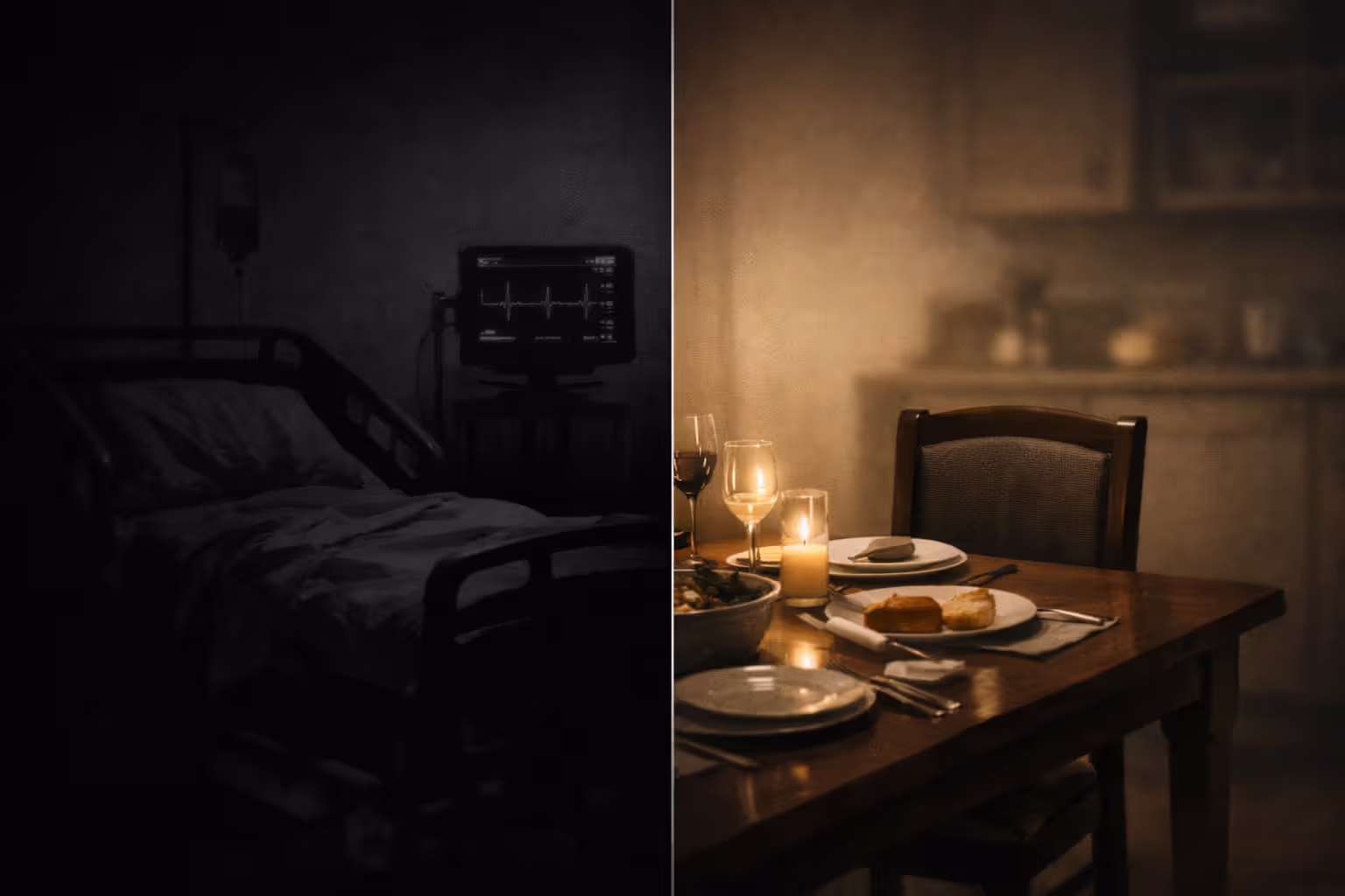 Split image showing hospital room and empty family dinner chair representing two types of wrongful death damages