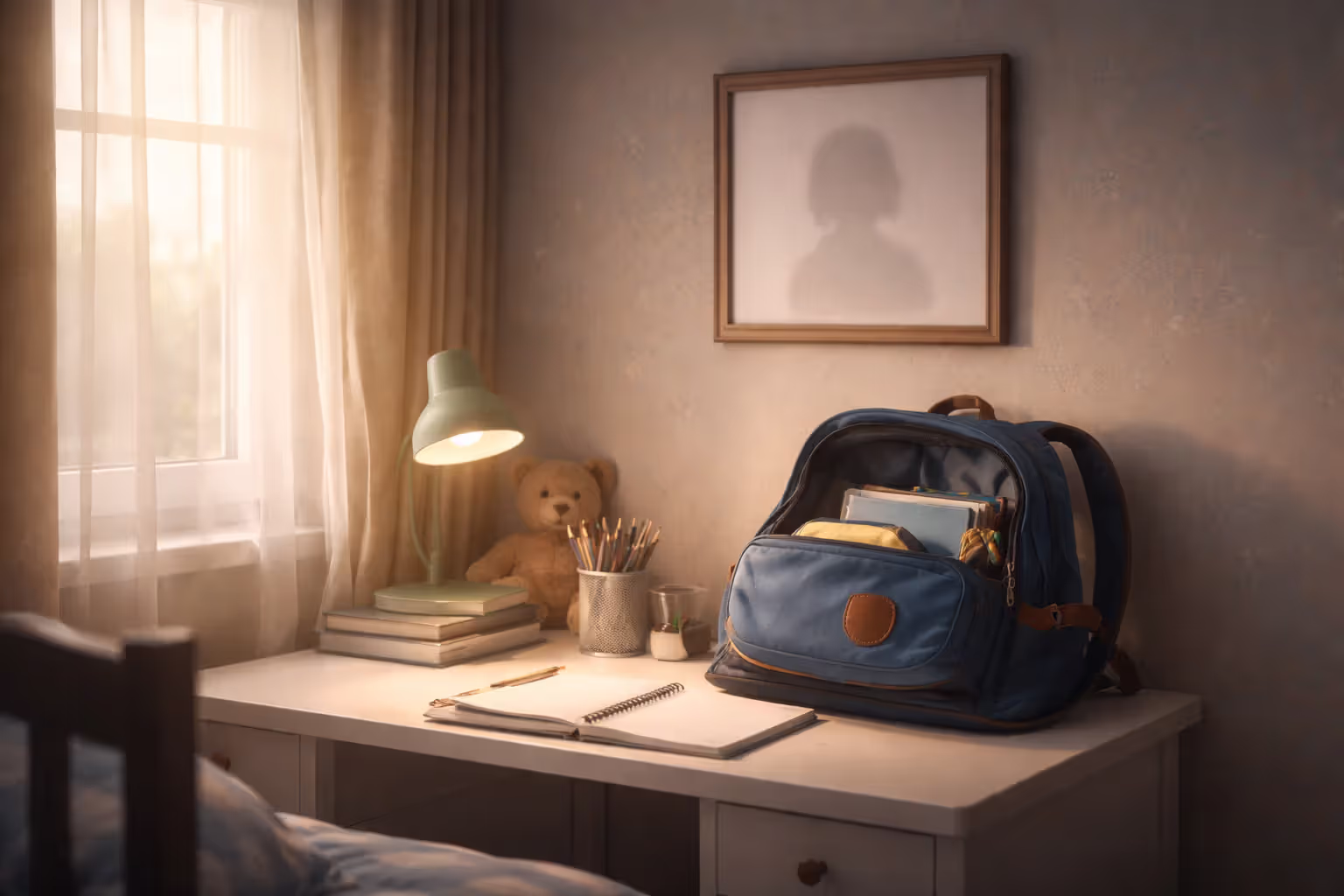 Child desk with school supplies and empty photo frame on wall symbolizing loss of parental guidance