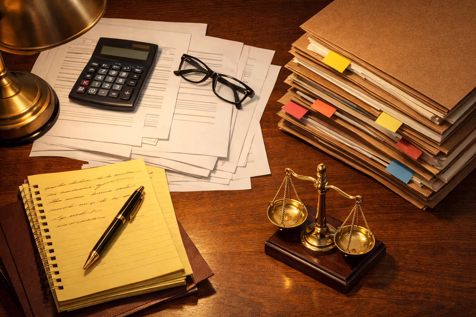 Lawyer desk with legal documents calculator and small justice scales representing wrongful death damage calculation
