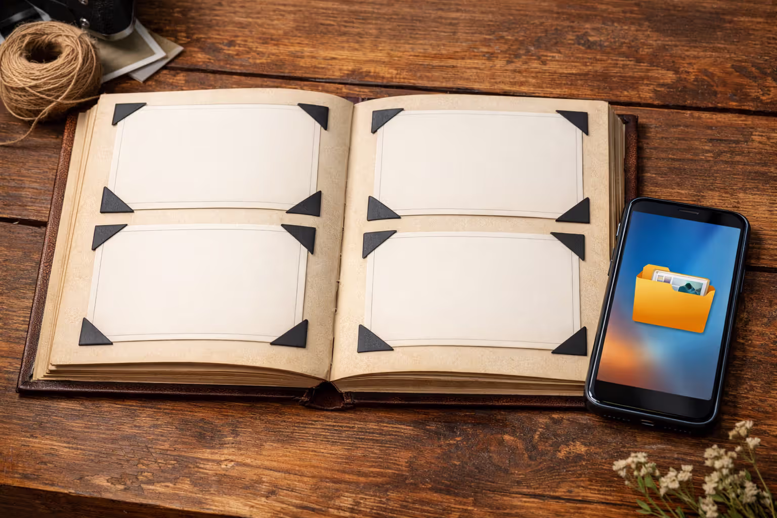 Open photo album with empty slots and smartphone nearby representing evidence gathering for wrongful death claims