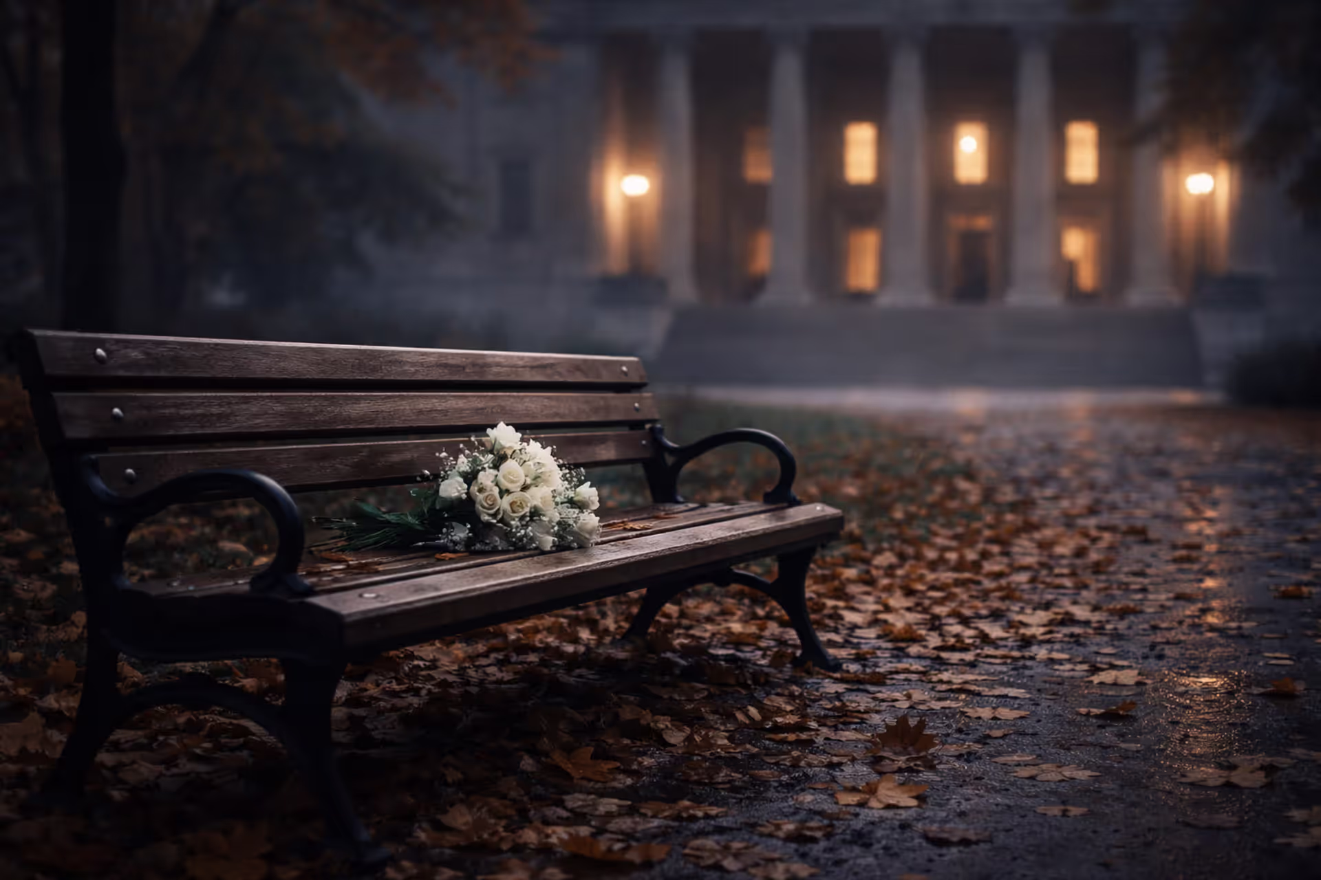 Empty park bench with white flowers and distant courthouse symbolizing wrongful death grief and legal claims