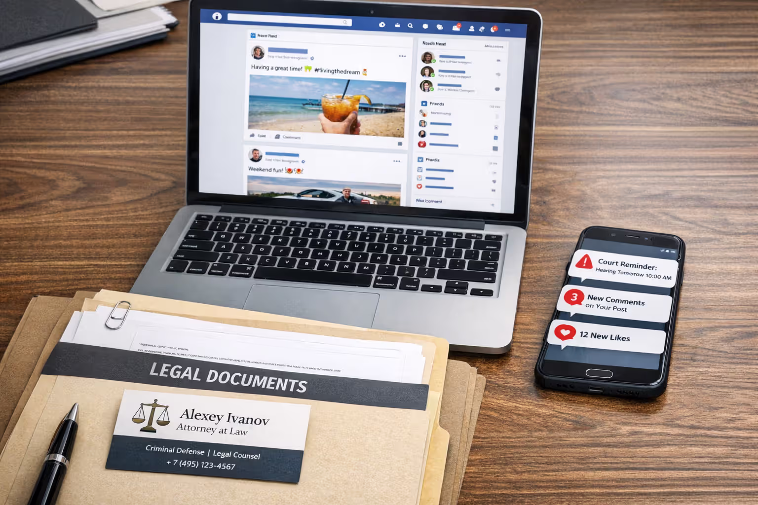 Laptop showing social media feed next to smartphone and legal documents on desk warning about online posting risks