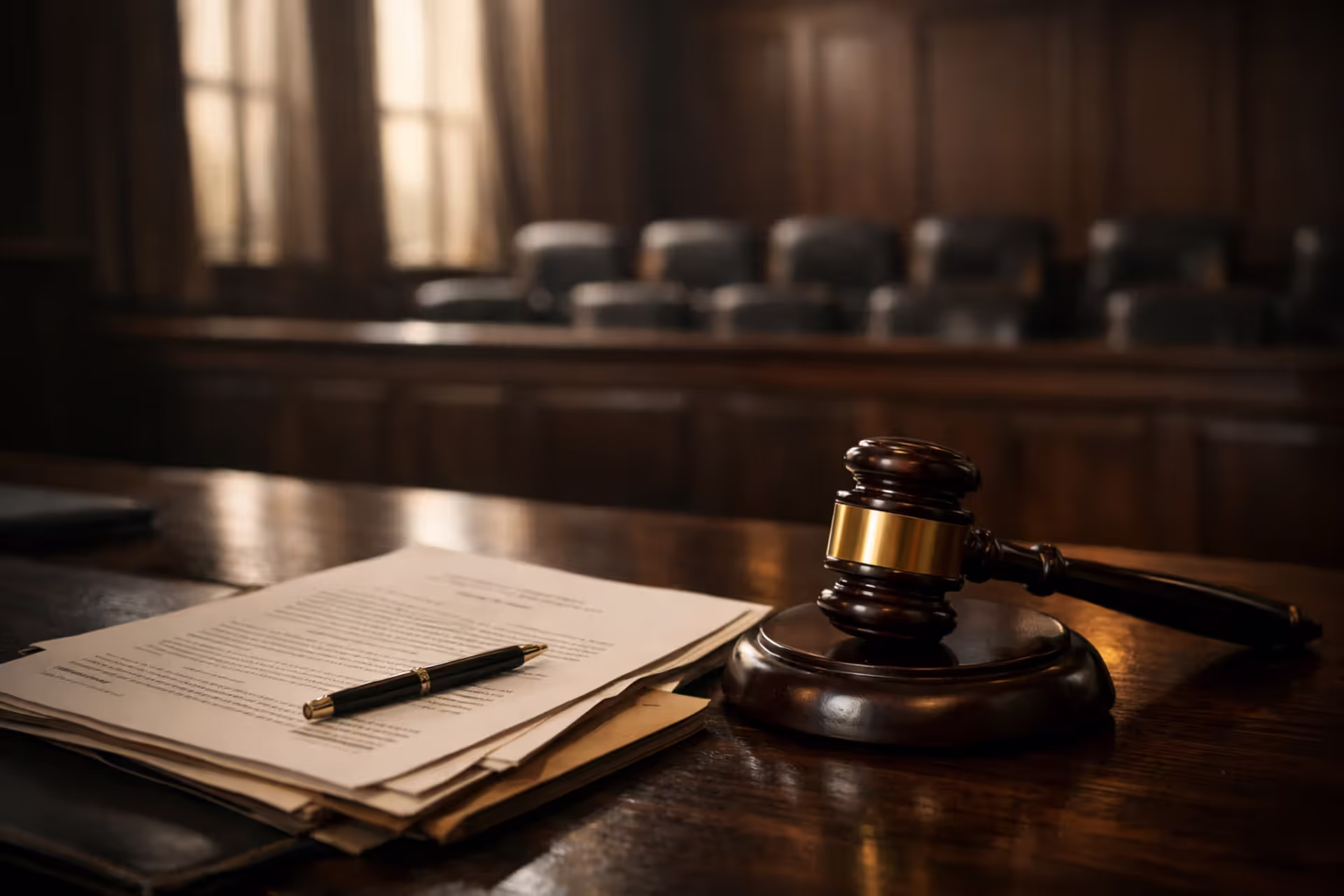 Courtroom interior with legal documents and judge gavel on attorney desk in soft natural light