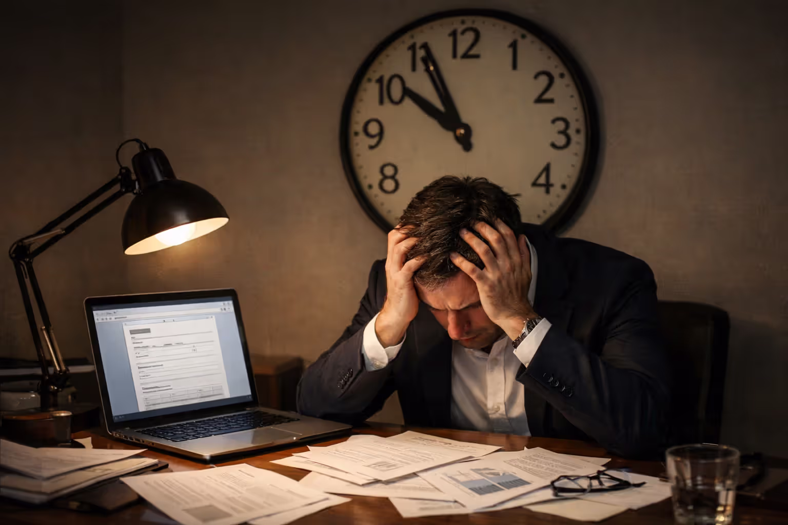 Stressed person at a desk surrounded by legal papers and a laptop, representing the urgency of consulting an attorney before wrongful death deadlines expire