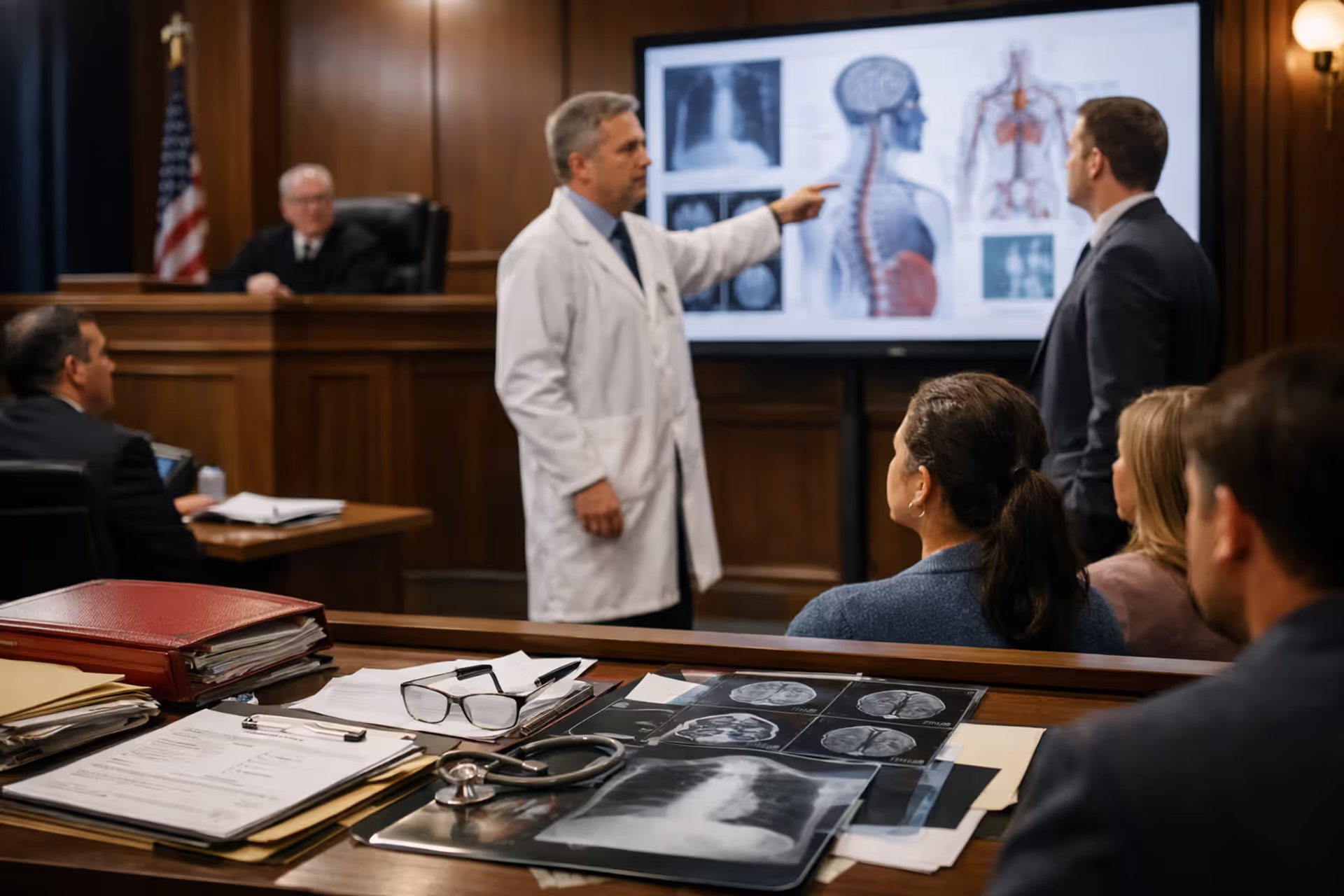 Expert medical witness presenting forensic evidence on a screen in a modern courtroom while jury members listen attentively