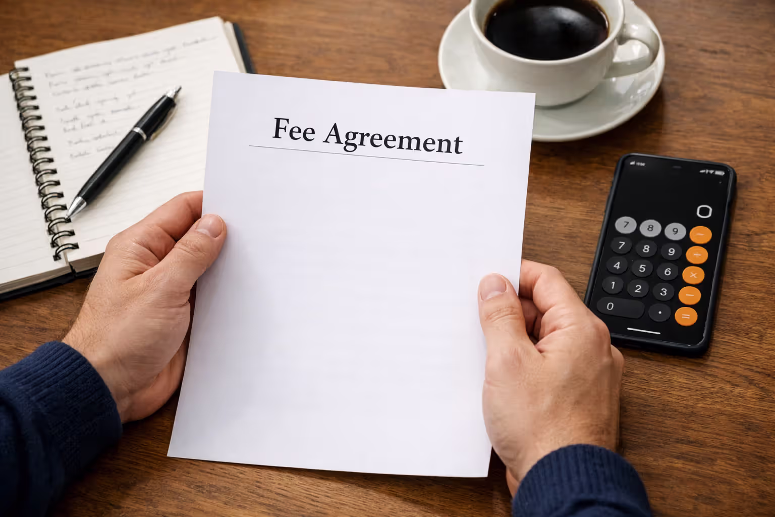 Hands reviewing legal fee agreement document with notebook calculator and coffee on table representing budgeting for wrongful death case