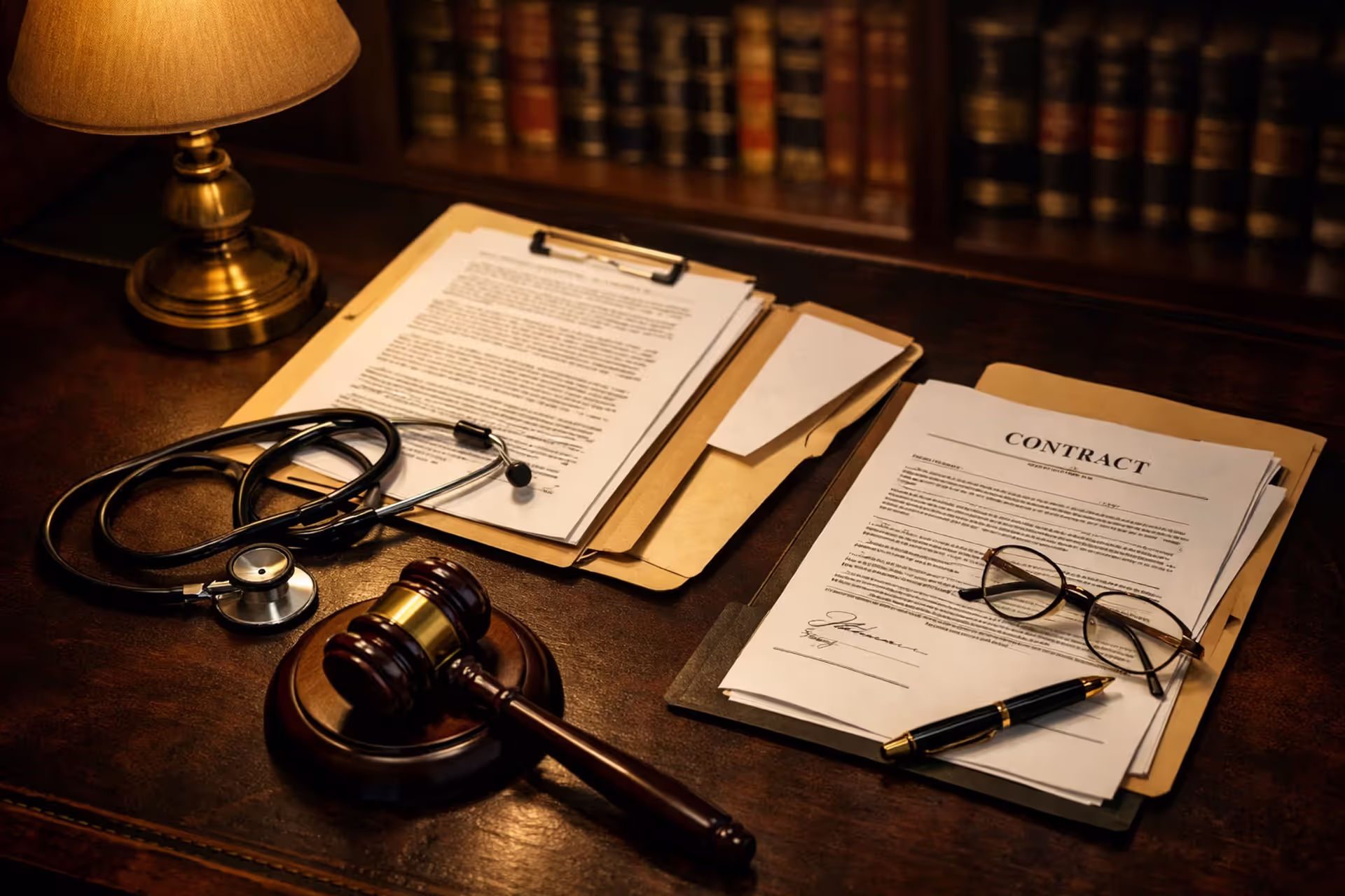 Lawyer desk with legal documents, gavel, stethoscope, and glasses representing wrongful death case preparation