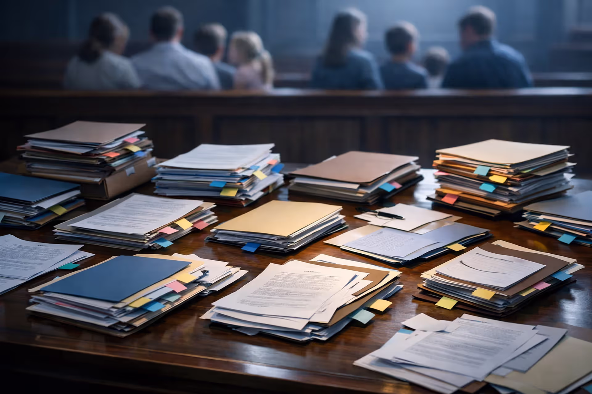Courtroom table covered with numerous legal case folders and documents with colored tabs, blurred families sitting on benches in background