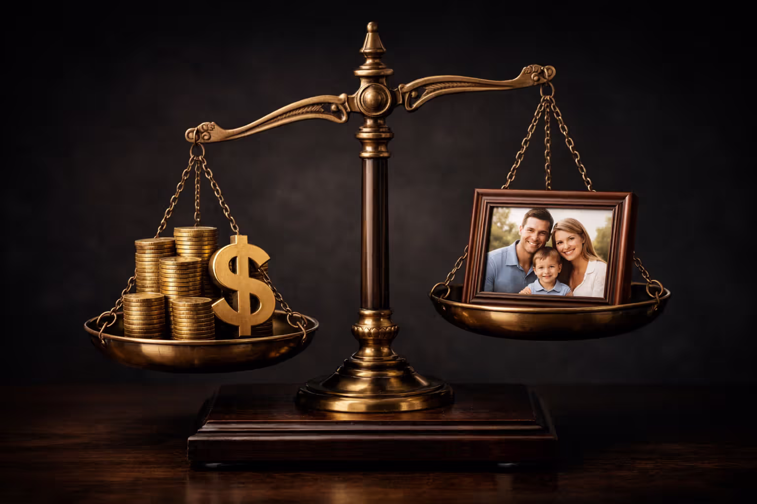 Scales of justice balancing shared litigation costs represented by coins on one side against individual family compensation represented by framed family photo on other side
