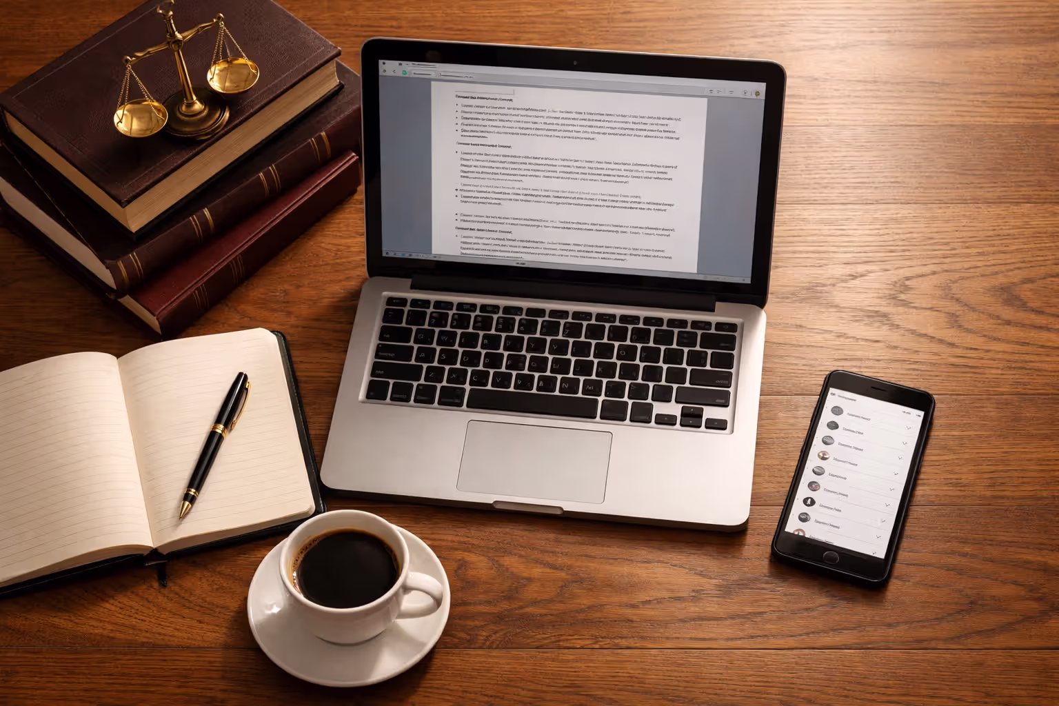 Attorney desk top view with laptop showing legal document, notepad, coffee cup, law books stack, and smartphone with contact list for wrongful death case consultation