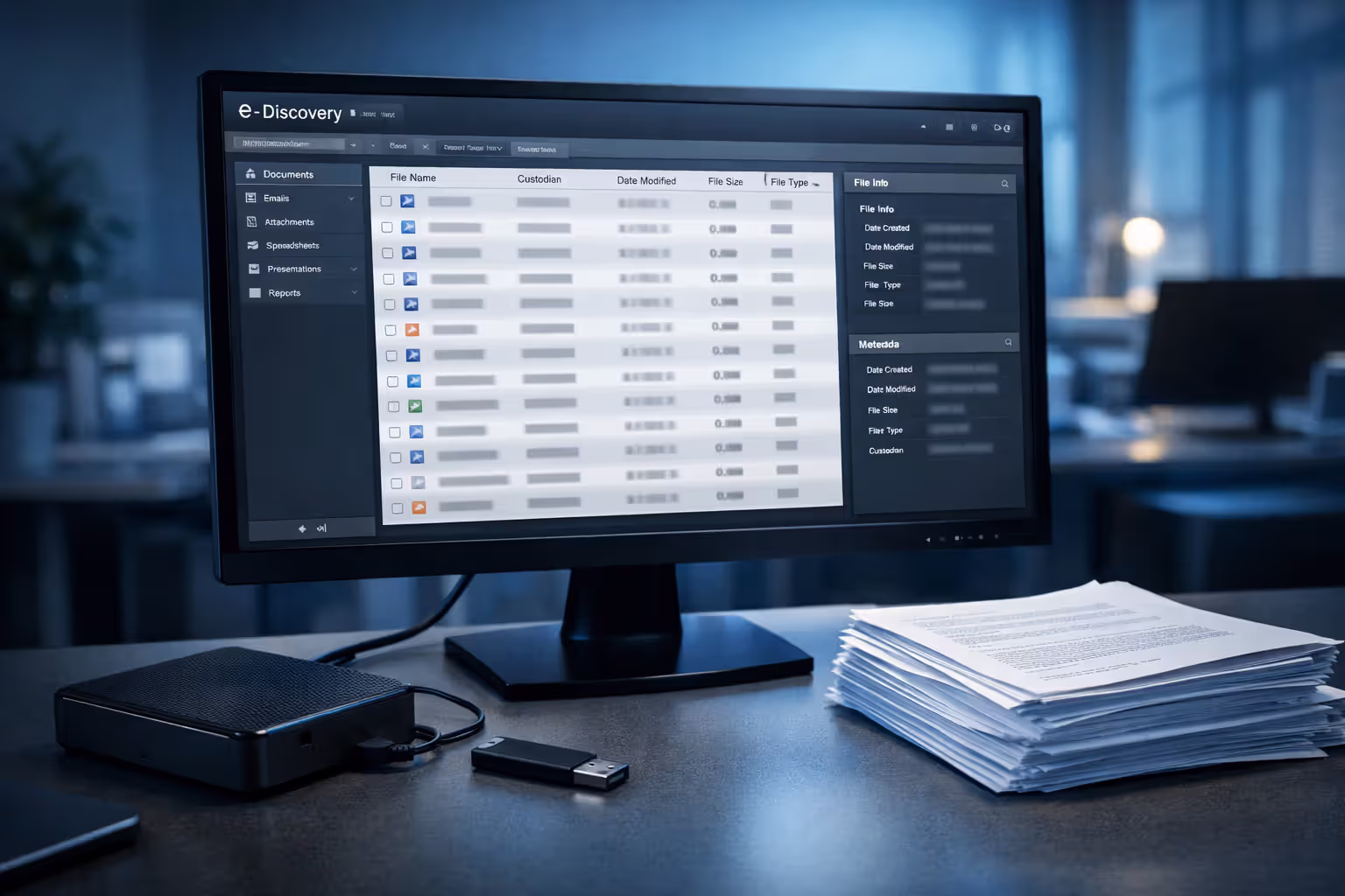 Computer screen showing e-discovery platform with file metadata, external hard drive and printed documents nearby