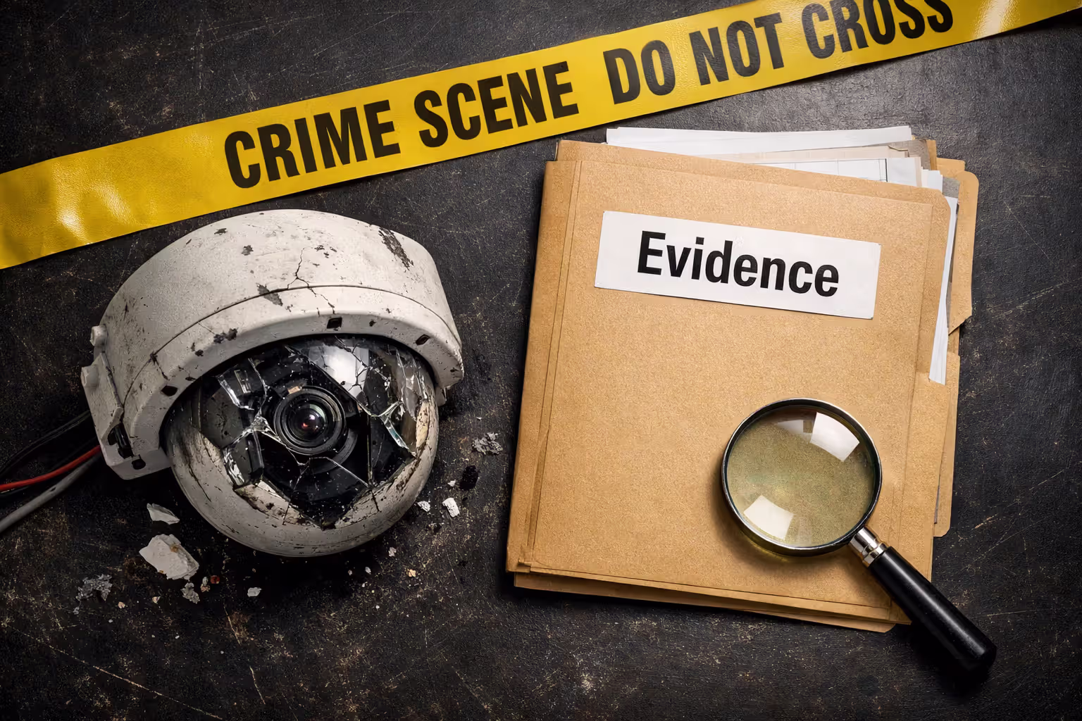 Surveillance camera evidence folder yellow warning tape and magnifying glass on dark table top view representing breach of duty evidence