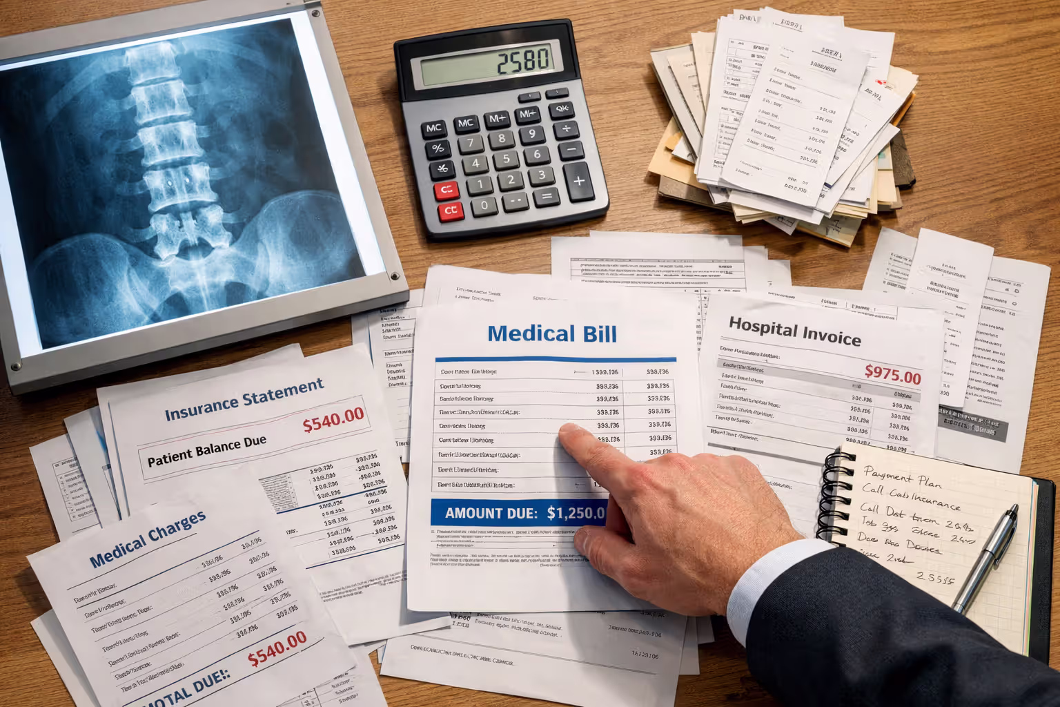 Medical bills X-ray image calculator receipts and notebook on desk with a hand pointing at documents representing damages documentation in negligence case