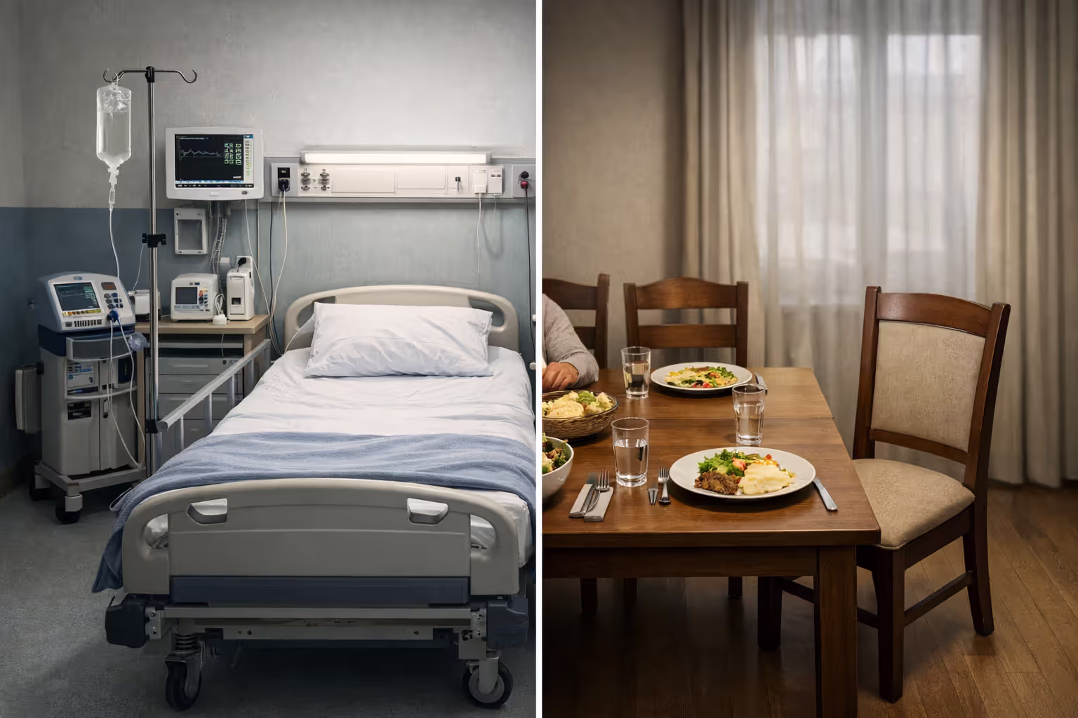 Split image comparing survival action concept showing hospital room with medical equipment and wrongful death concept showing empty chair at family dinner table