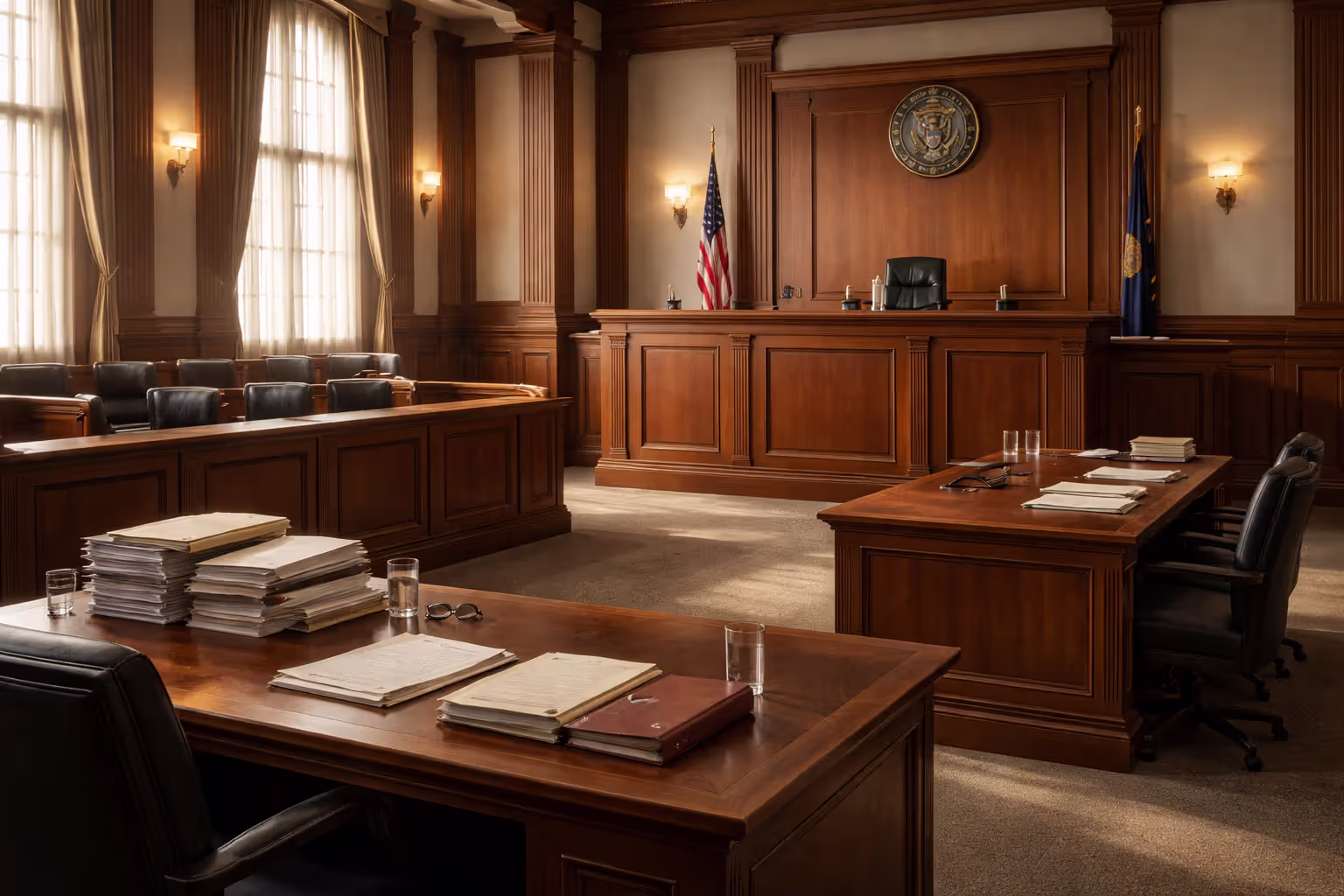 Empty courtroom with jury box, judge bench, and evidence documents on plaintiff table representing punitive damage trial proceedings