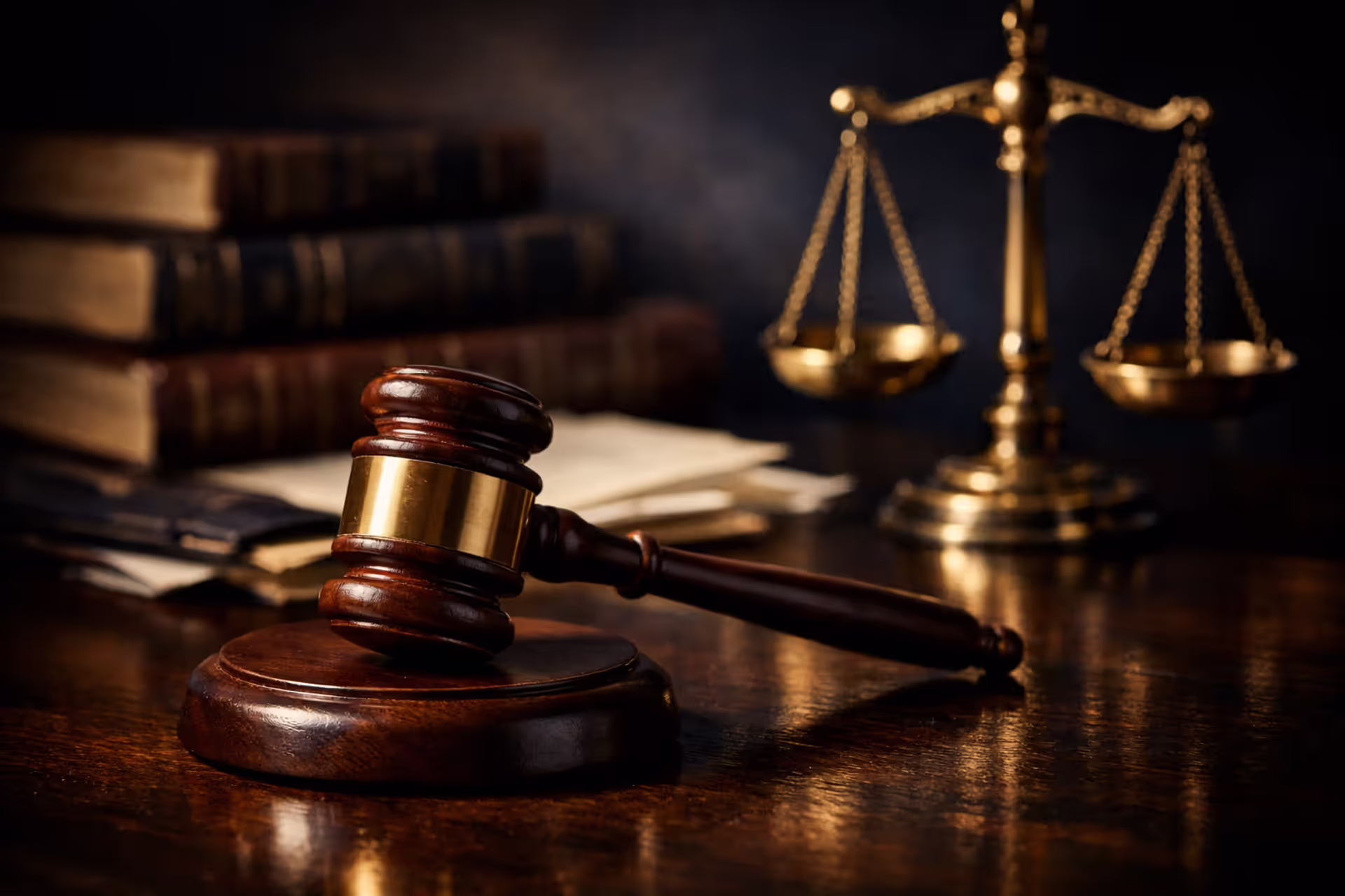 Wooden gavel and scales of justice on dark polished desk with legal books in background representing punitive damages in wrongful death cases