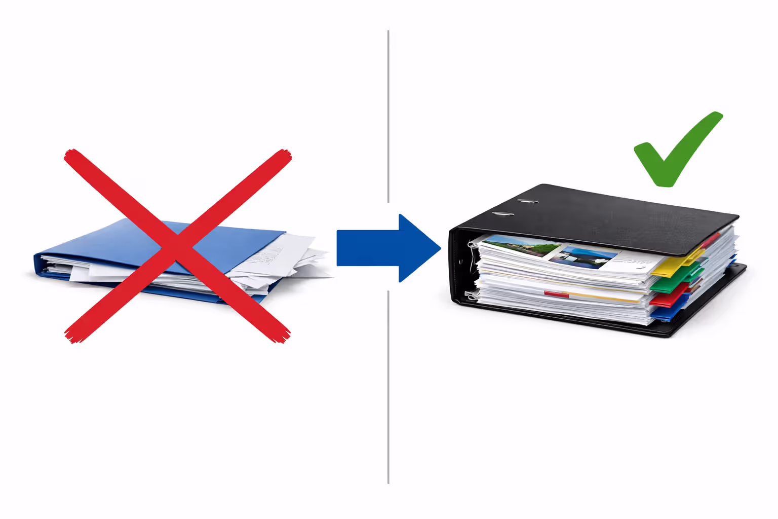 Comparison of weak thin case file marked with red cross versus comprehensive organized evidence binder marked with green checkmark