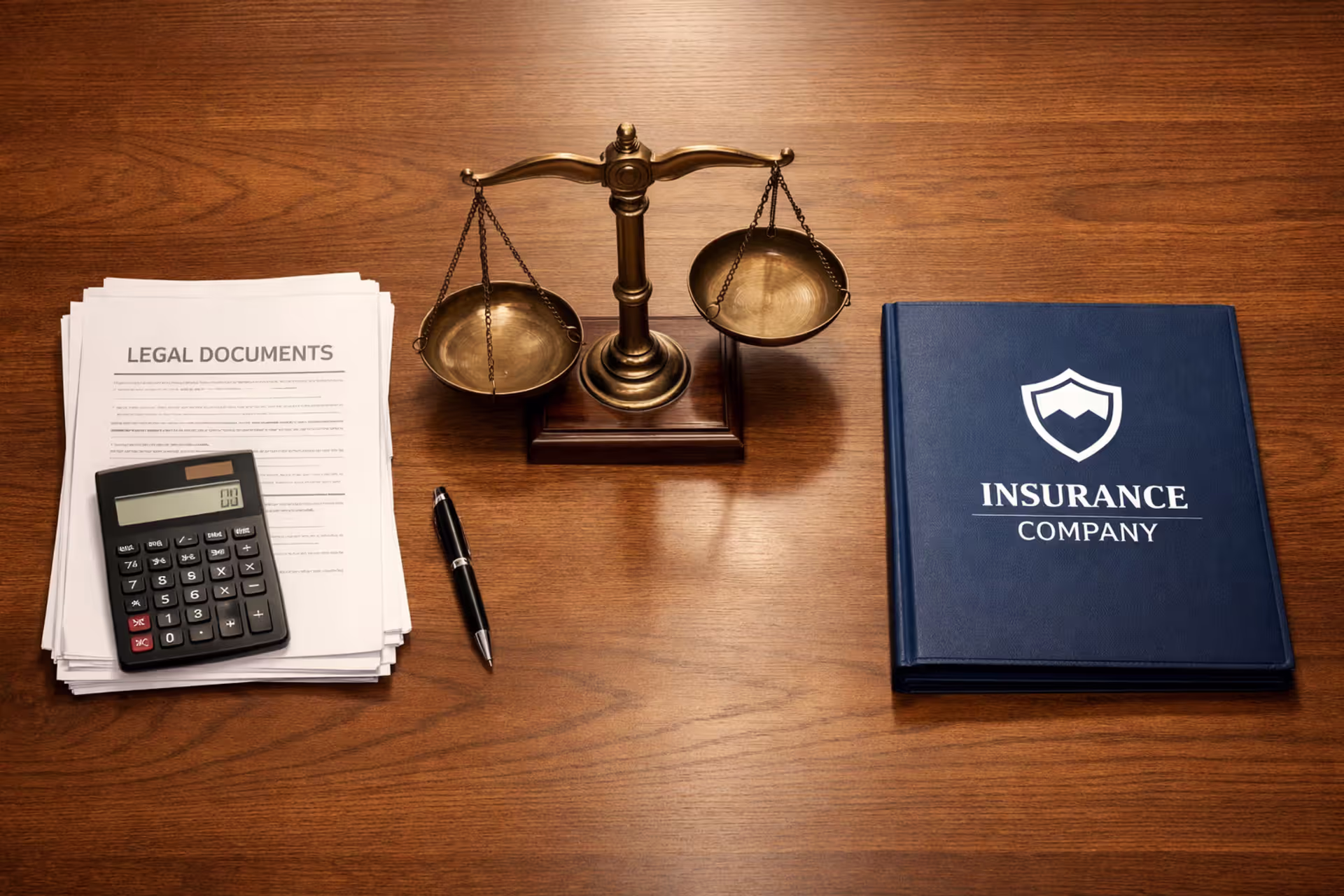 Negotiation table with legal documents, calculator, insurance folder, and scales of justice tilted to one side in a corporate conference room