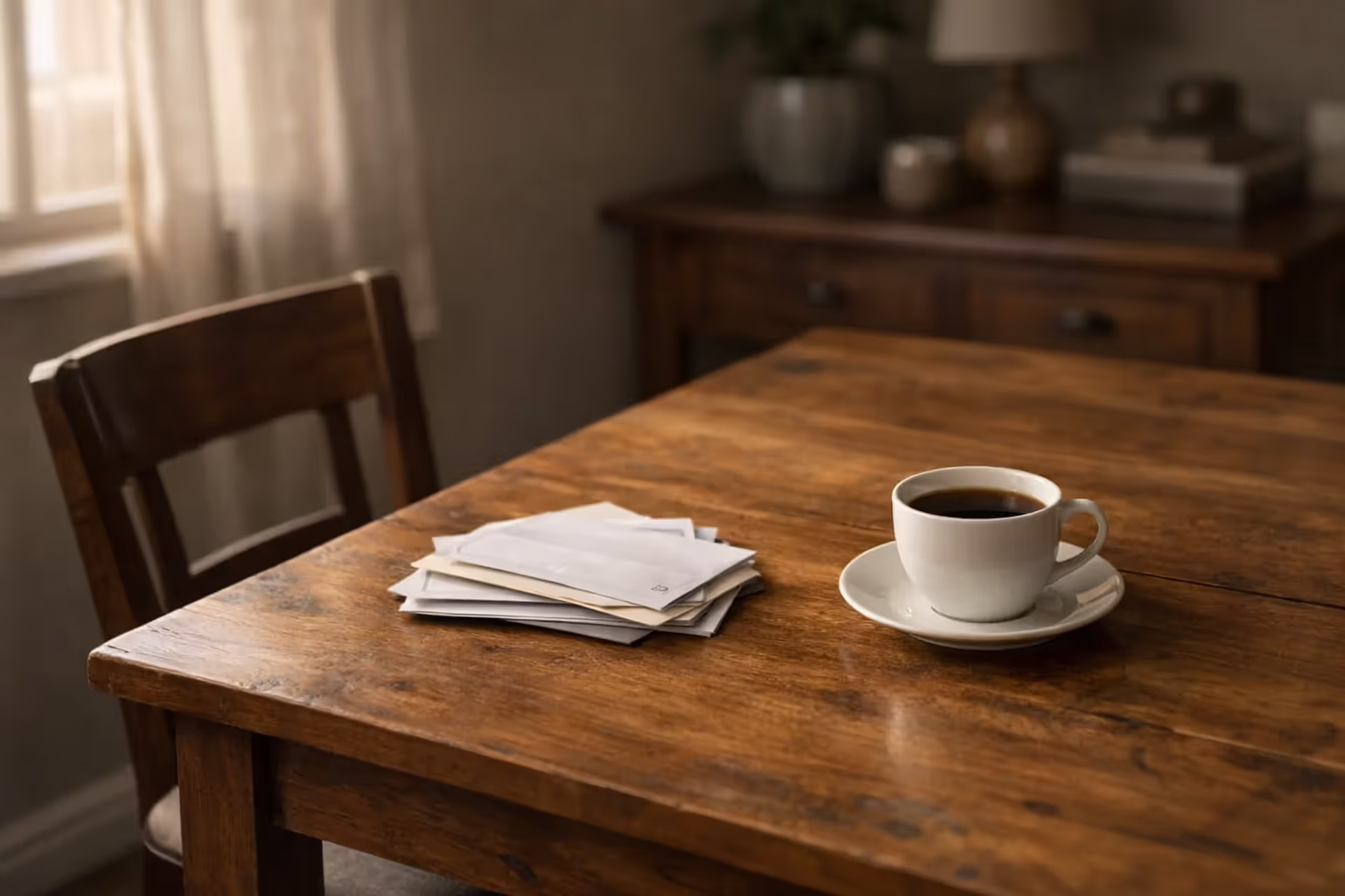 Empty dining table with an untouched coffee cup and stack of mail envelopes in soft morning light, symbolizing absence and financial burden after loss