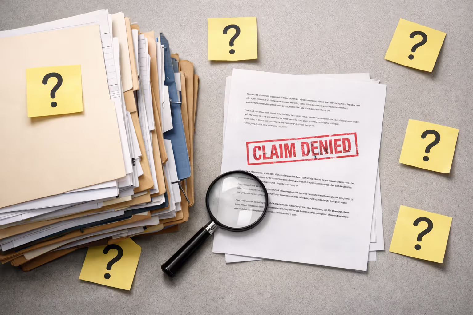 Stack of insurance claim documents with magnifying glass and denial stamp representing excessive documentation requests