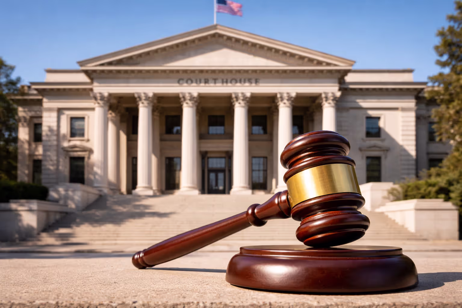 Courthouse exterior with judge gavel representing jury verdict in bad faith insurance lawsuit