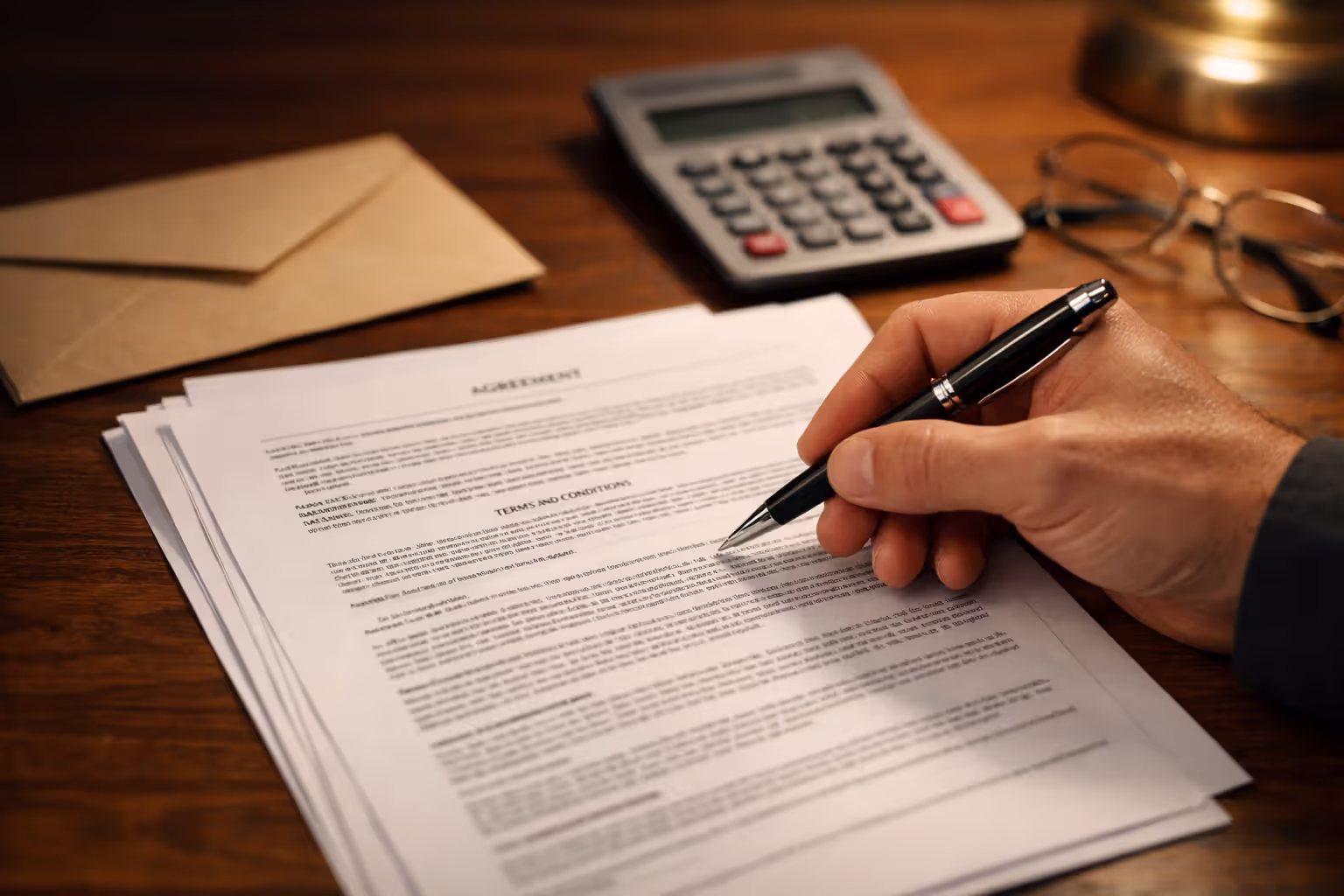 Hand holding a pen above a multi-page legal settlement document on a wooden desk with calculator and glasses nearby