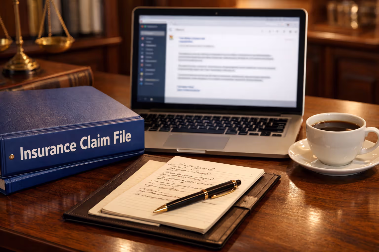Attorney desk with insurance claim file folder laptop and notes representing legal consultation for bad faith case