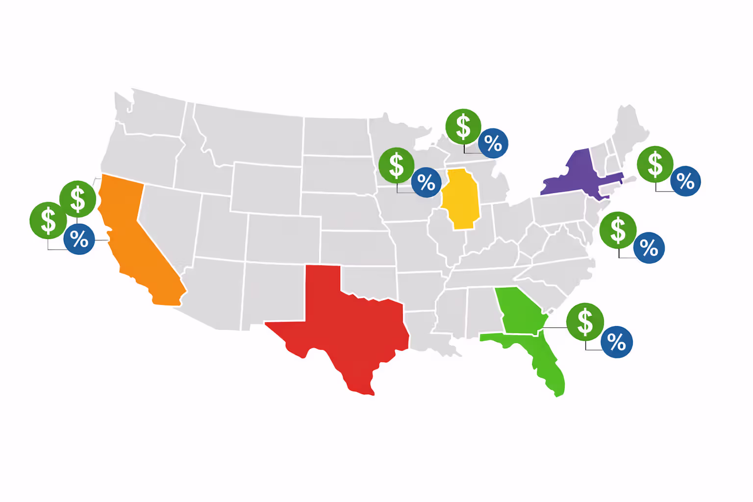 Infographic map of the United States highlighting states with different estate tax thresholds and exemption levels